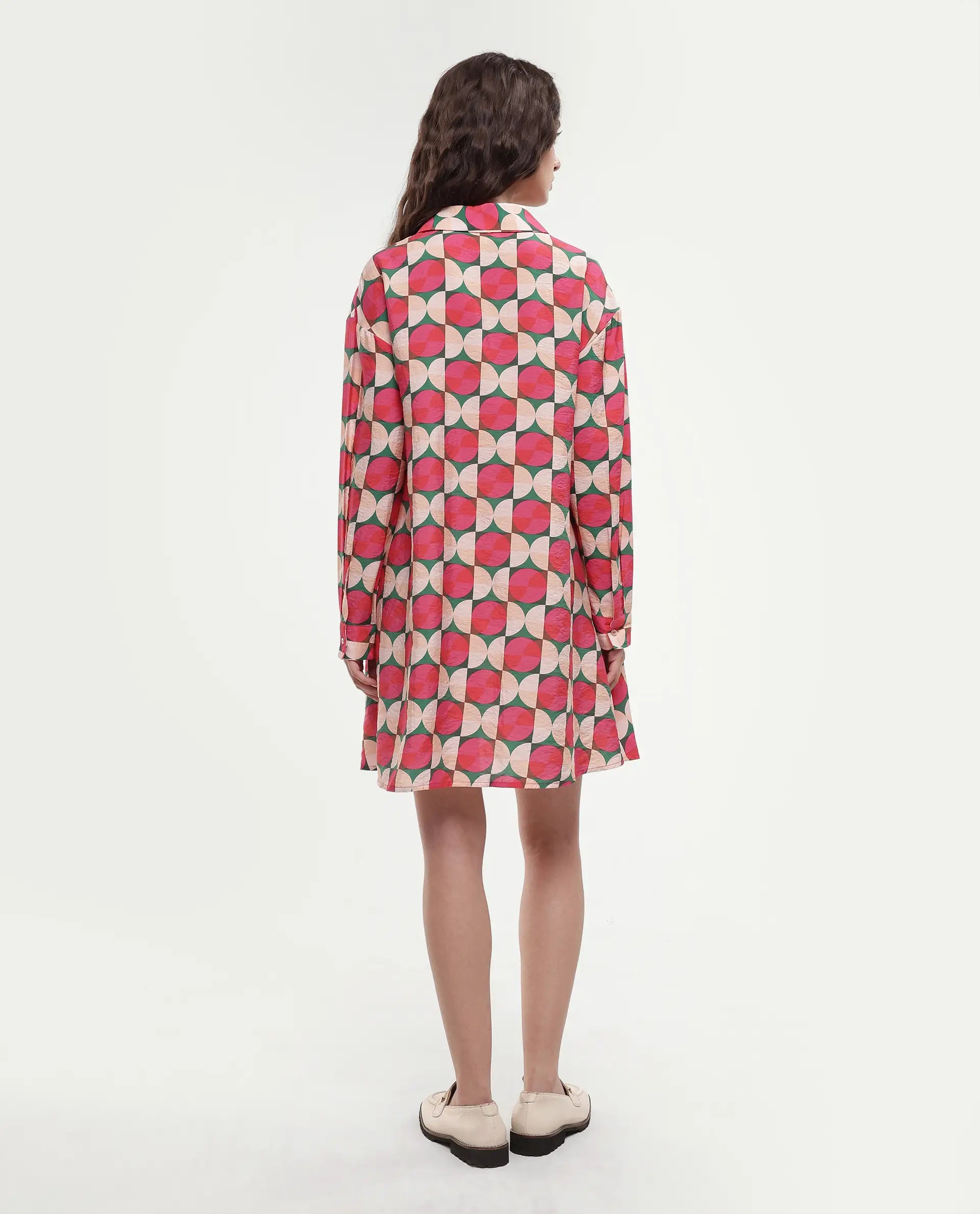 Rareism Women's Judeth Multi Drop Collar Geometric Print Cuffed Sleeve Mini A-Line Dress