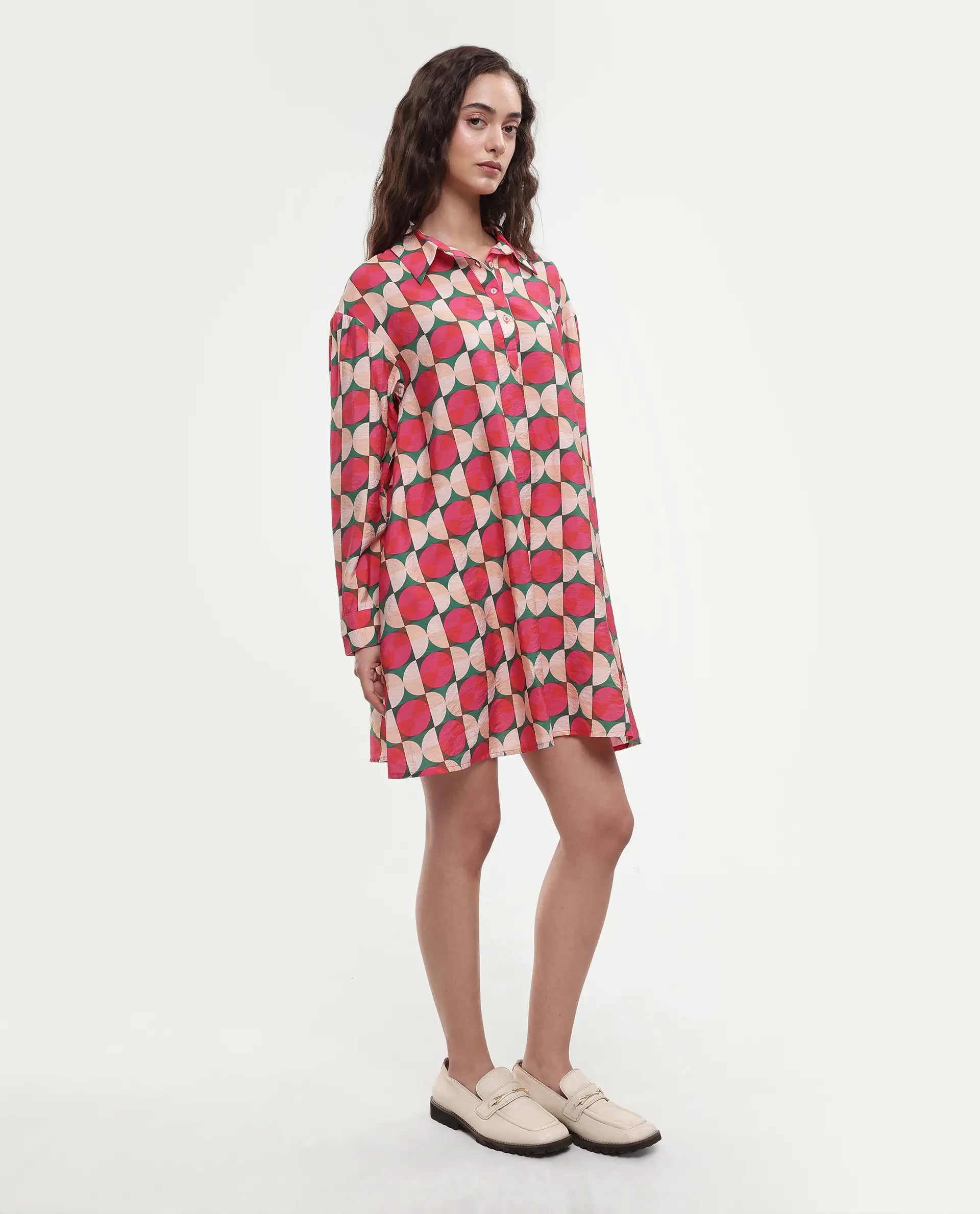 Rareism Women's Judeth Multi Drop Collar Geometric Print Cuffed Sleeve Mini A-Line Dress