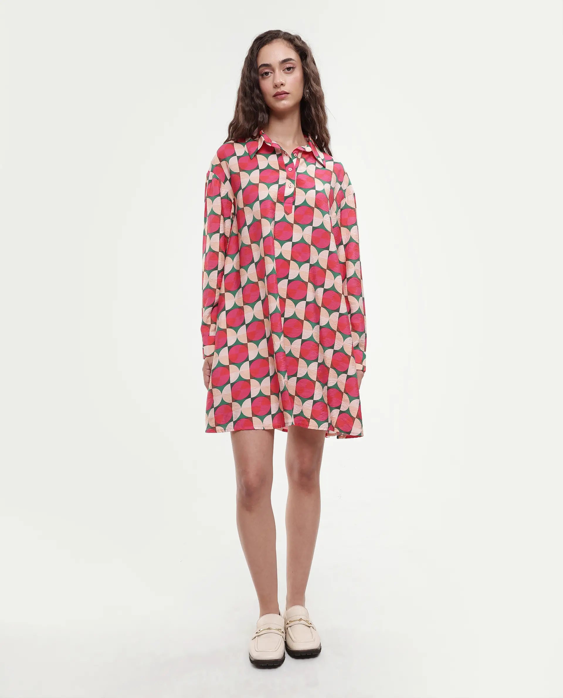 Rareism Women's Judeth Multi Drop Collar Geometric Print Cuffed Sleeve Mini A-Line Dress