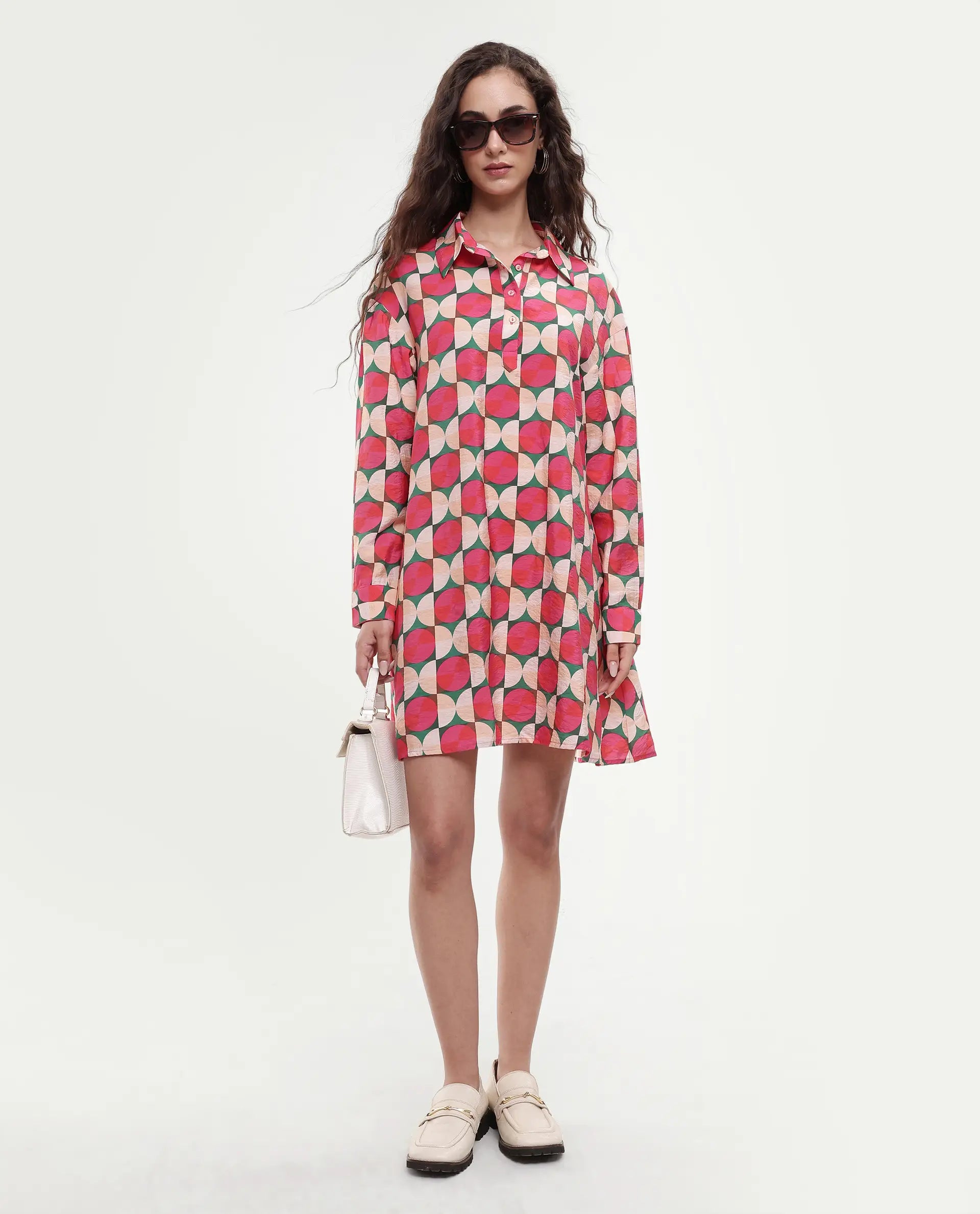 Rareism Women's Judeth Multi Drop Collar Geometric Print Cuffed Sleeve Mini A-Line Dress