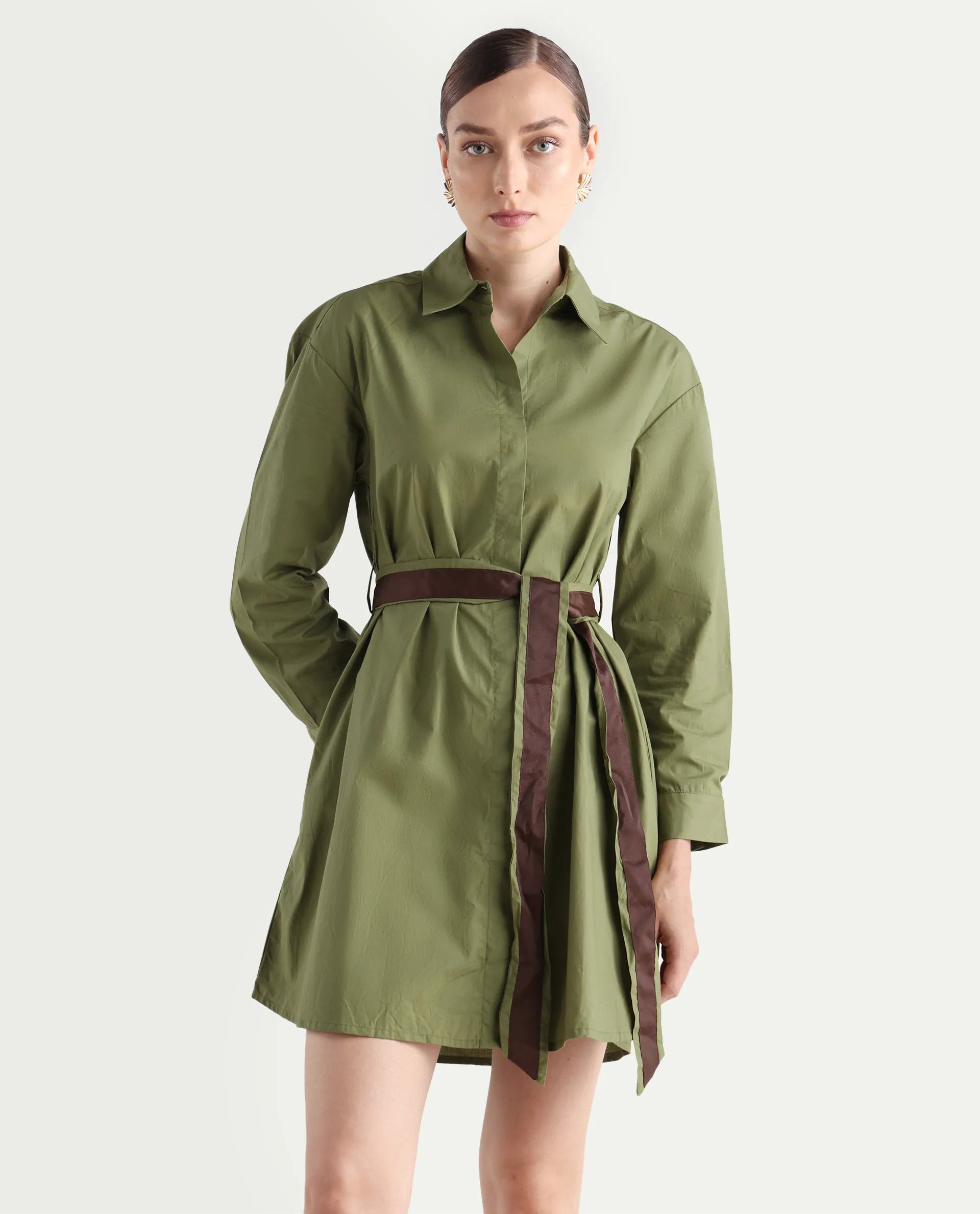 Rareism Women's Meztli Green Drop Collar Plain Cuffed Sleeve Mini A-Line Dress