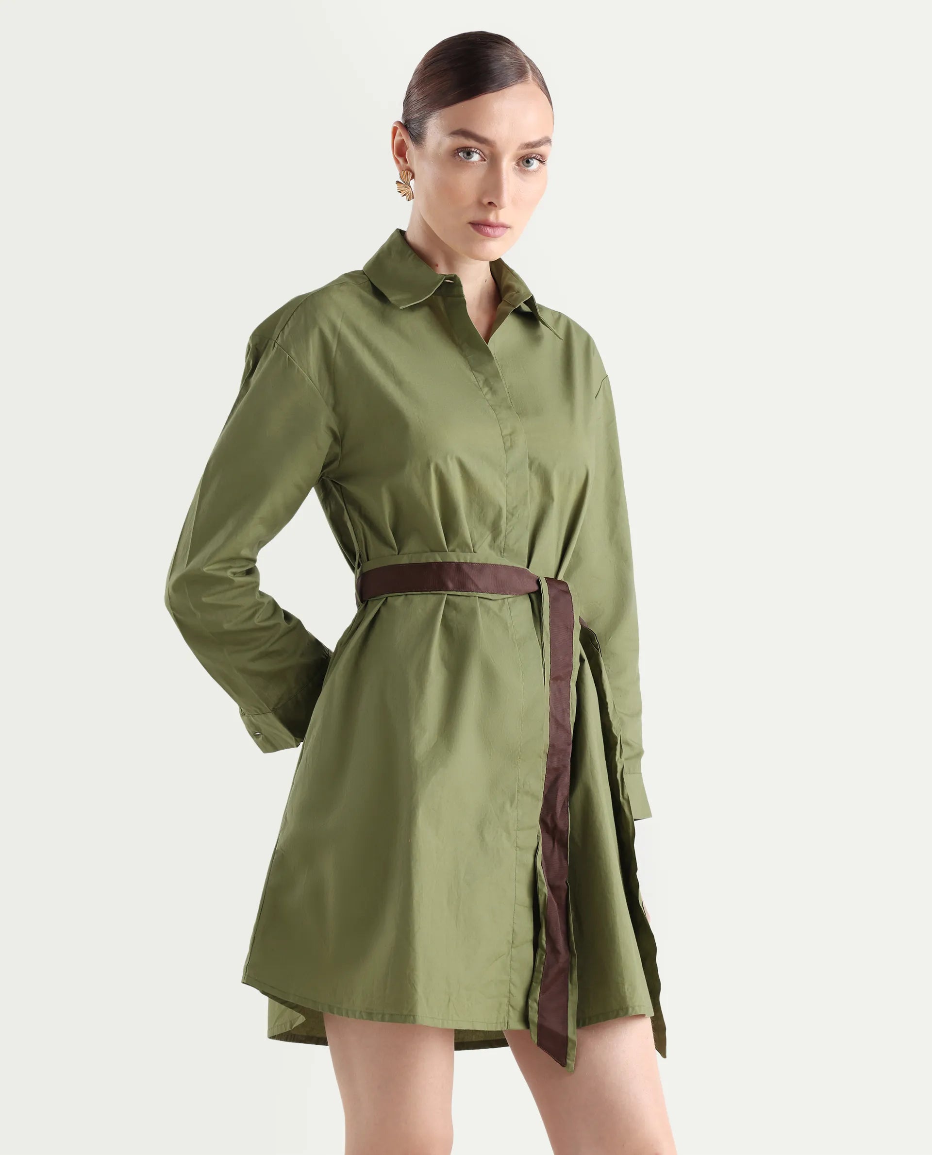 Rareism Women's Meztli Green Drop Collar Plain Cuffed Sleeve Mini A-Line Dress