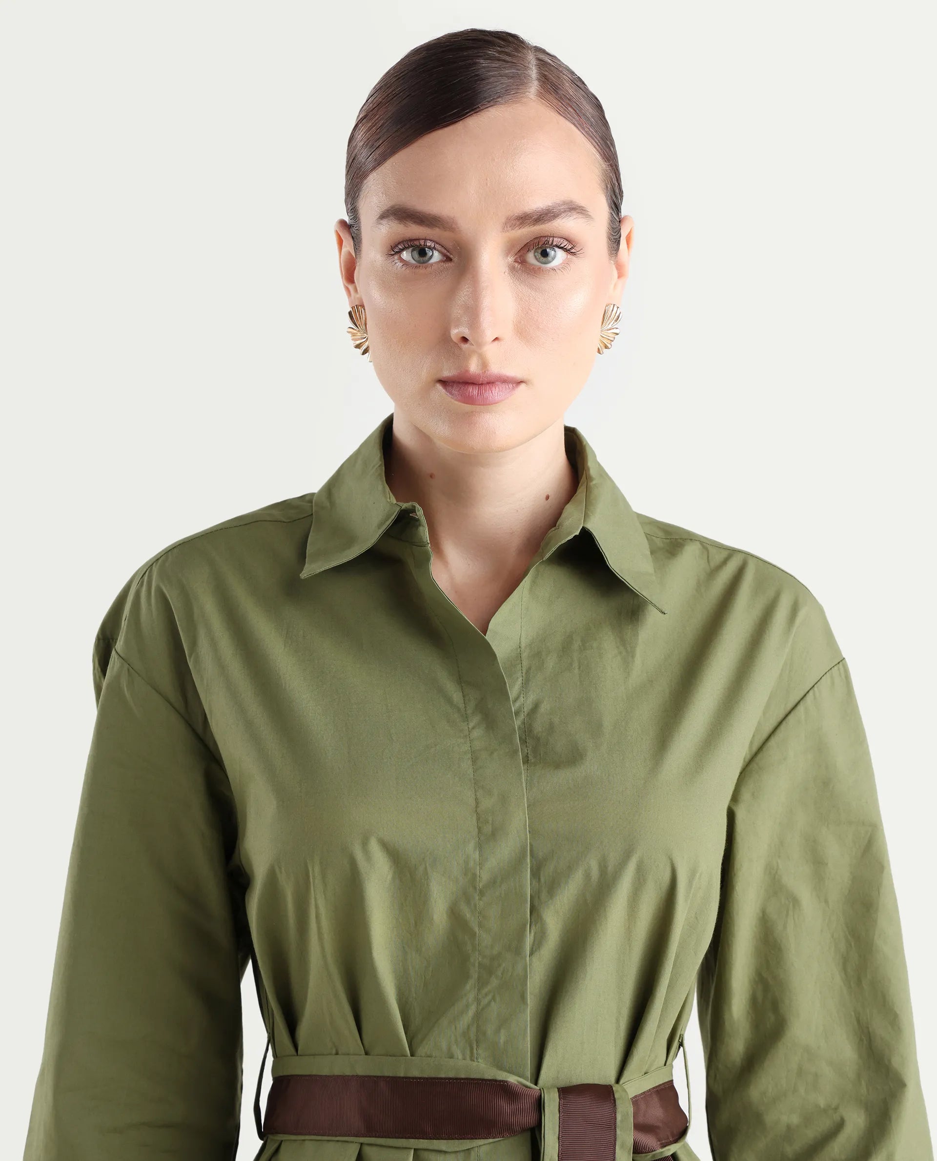 Rareism Women's Meztli Green Drop Collar Plain Cuffed Sleeve Mini A-Line Dress