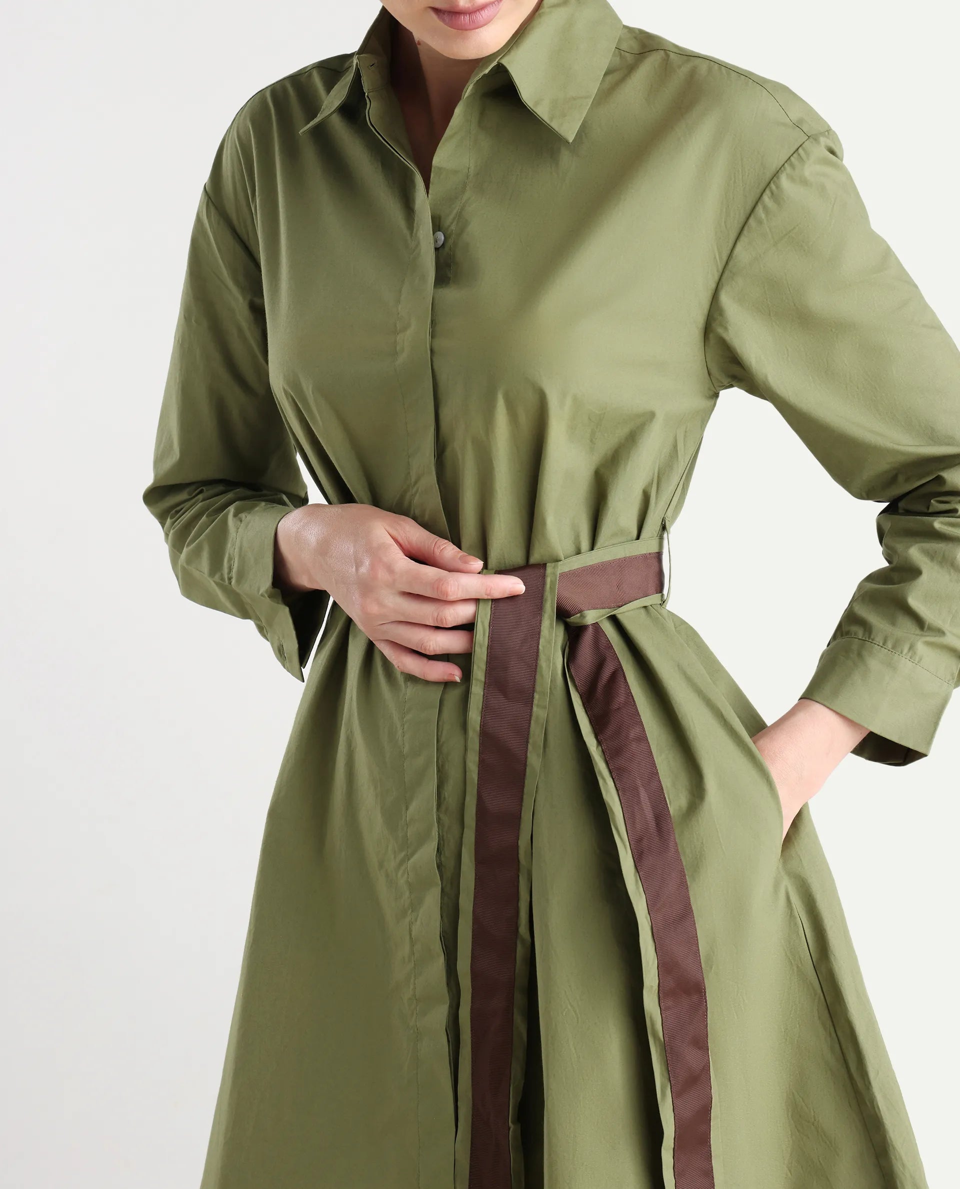 Rareism Women's Meztli Green Drop Collar Plain Cuffed Sleeve Mini A-Line Dress