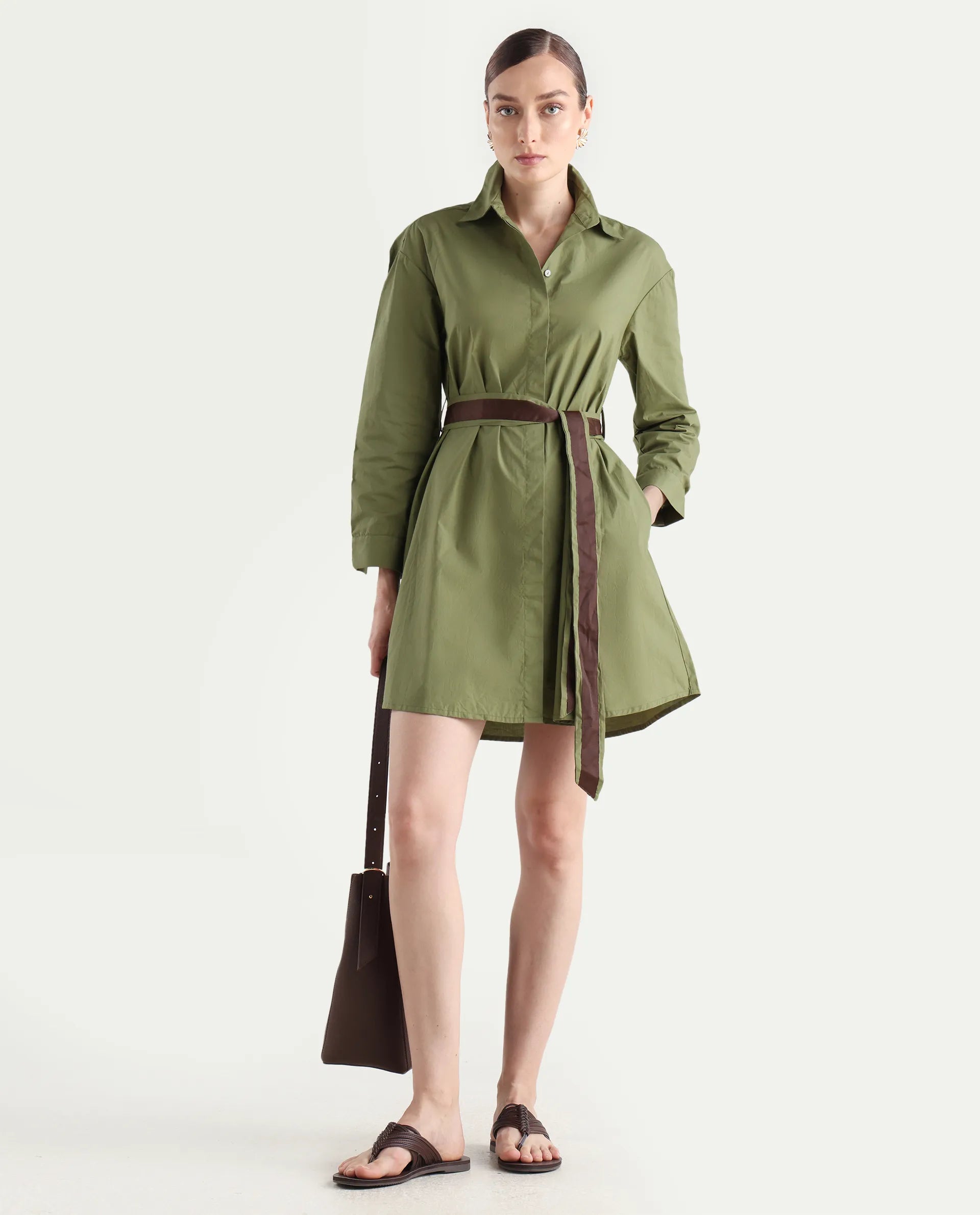 Rareism Women's Meztli Green Drop Collar Plain Cuffed Sleeve Mini A-Line Dress