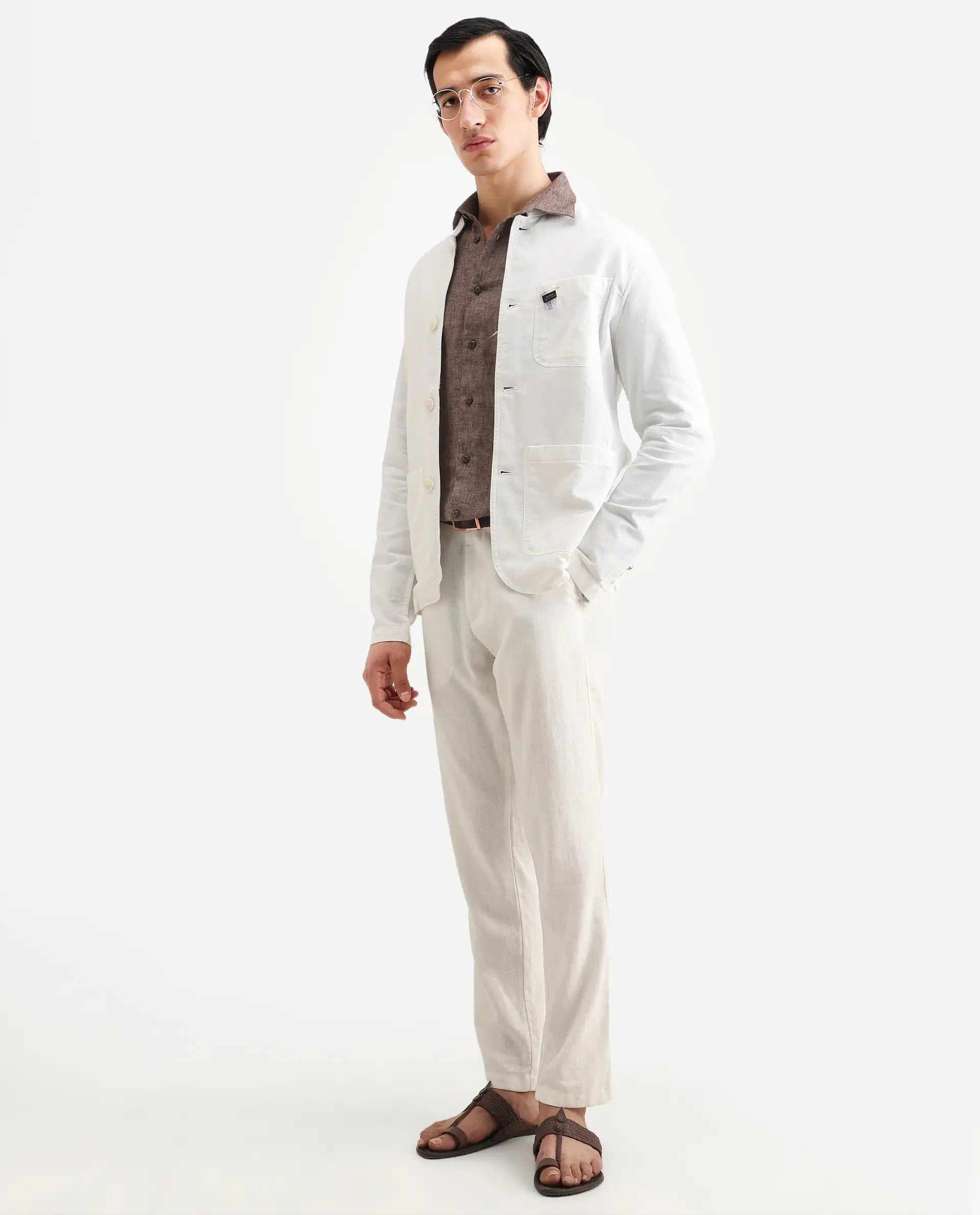 Rare Rabbit Men's Bastein Off White Cotton Plain Relaxed Fit Full Sleeve Mandarin Collar Jacket