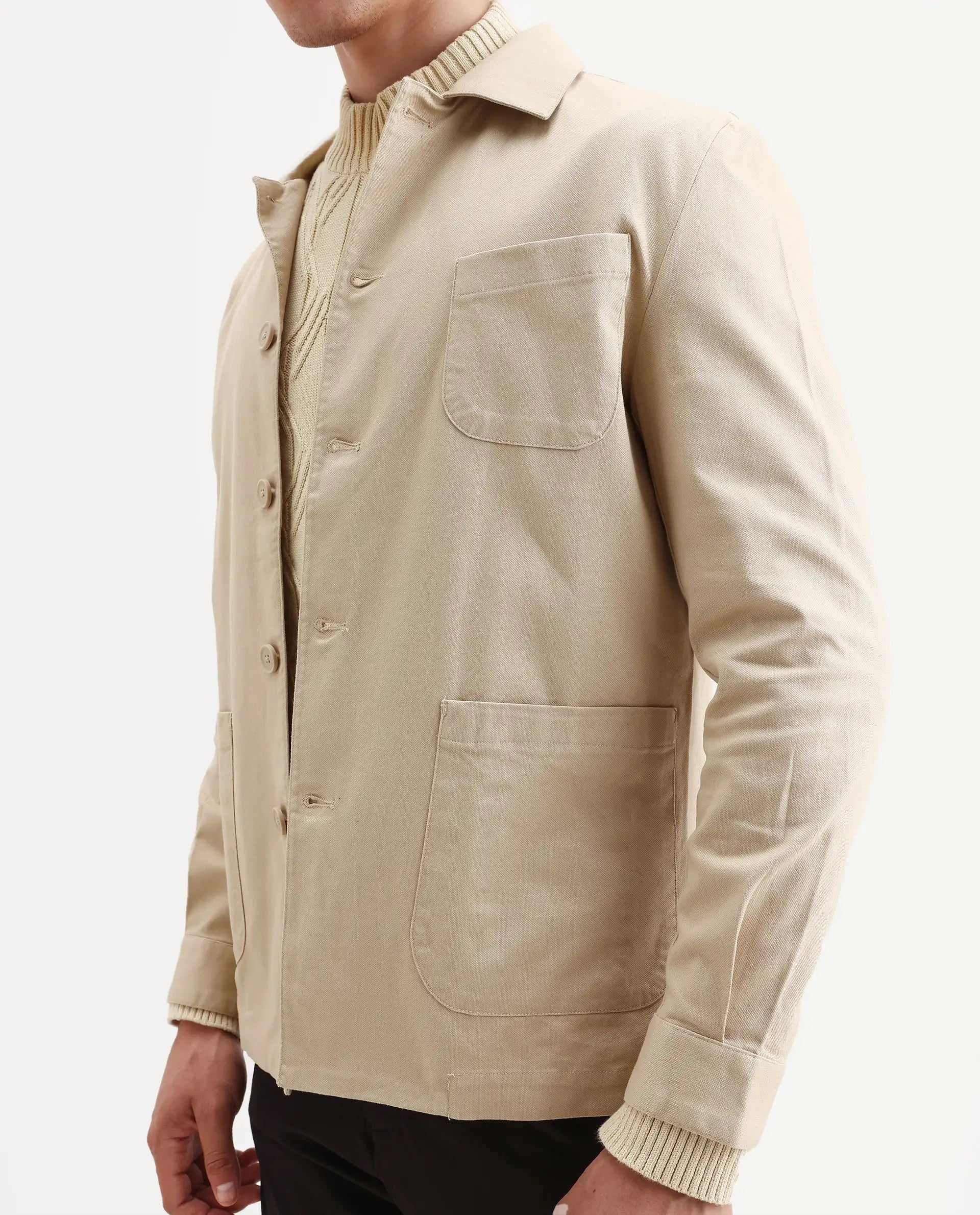 Rare Rabbit Men's Torroy Beige Cotton Blend Plain Regular Fit Full Sleeve Spread Collar Jacket