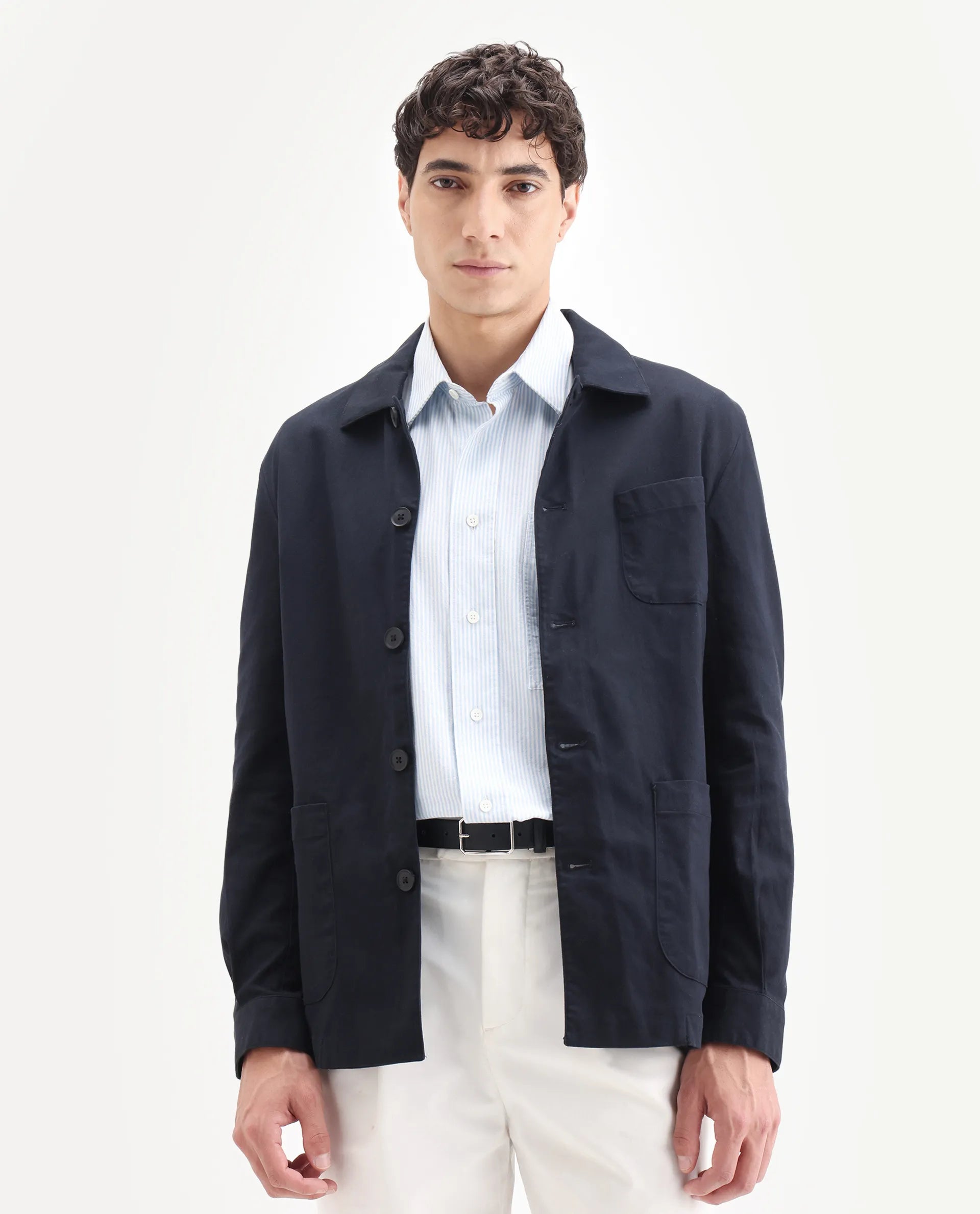 Rare Rabbit Men's Torroy Dark Navy Cotton Blend Plain Regular Fit Full Sleeve Spread Collar Jacket