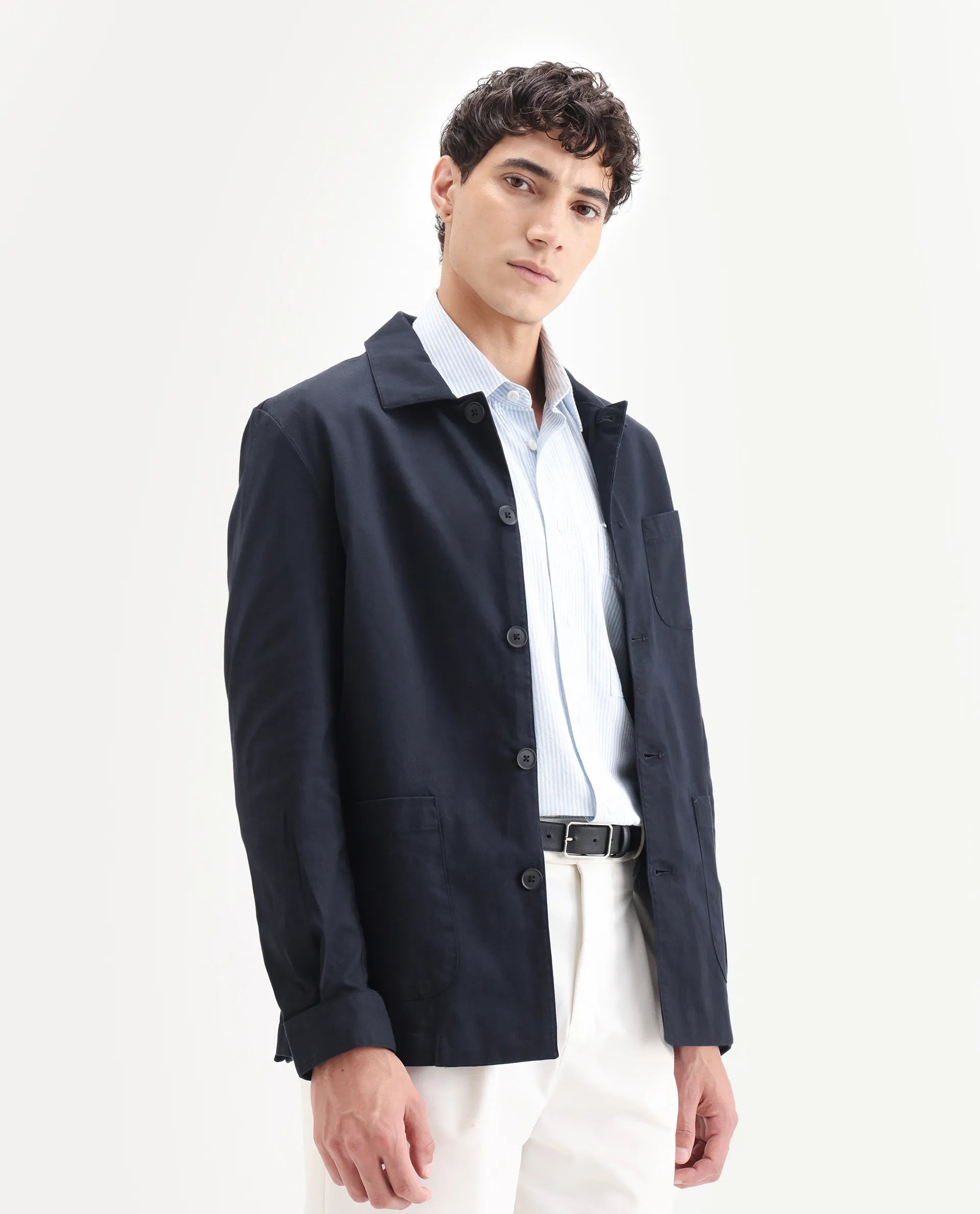 Rare Rabbit Men's Torroy Dark Navy Cotton Blend Plain Regular Fit Full Sleeve Spread Collar Jacket