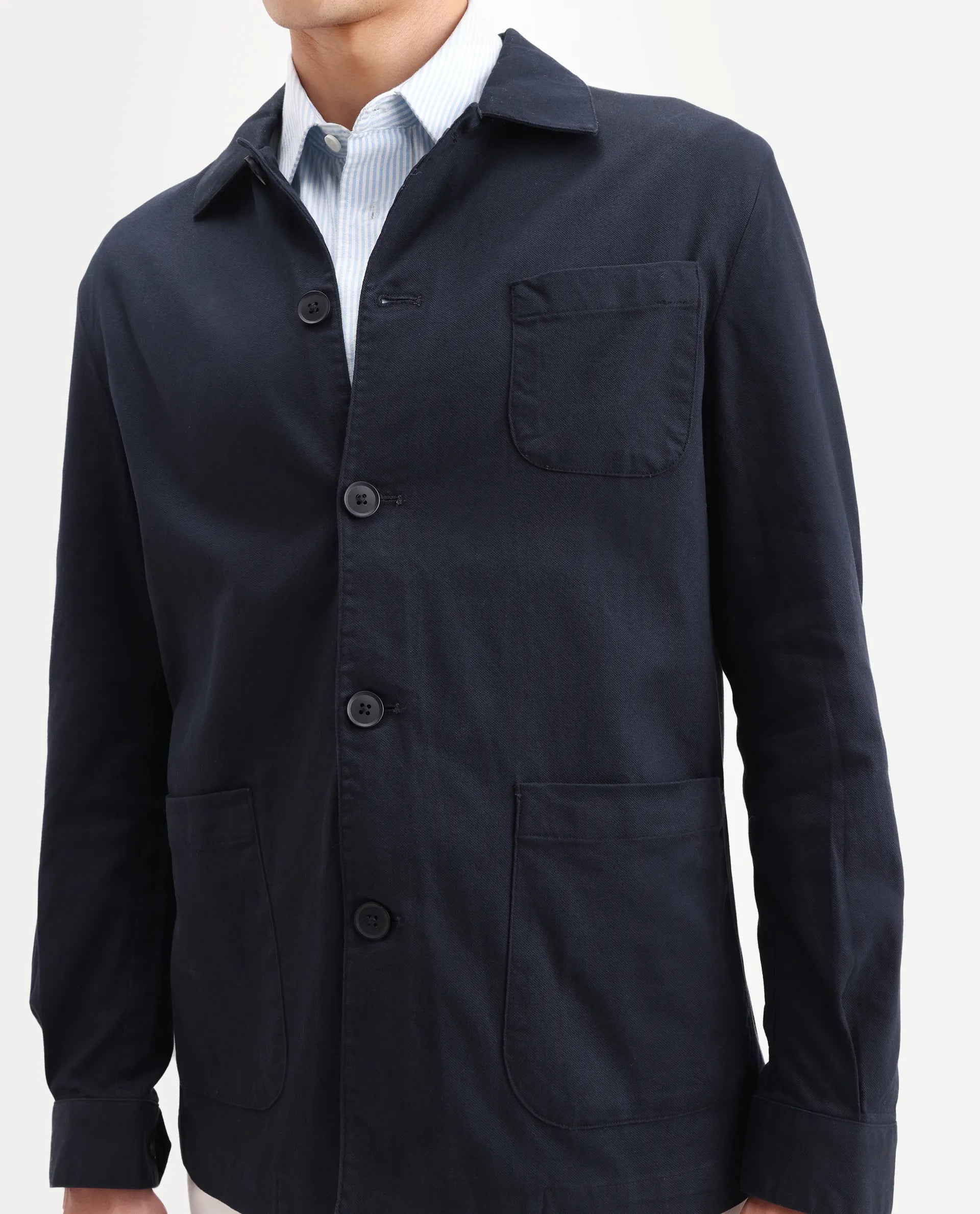 Rare Rabbit Men's Torroy Dark Navy Cotton Blend Plain Regular Fit Full Sleeve Spread Collar Jacket