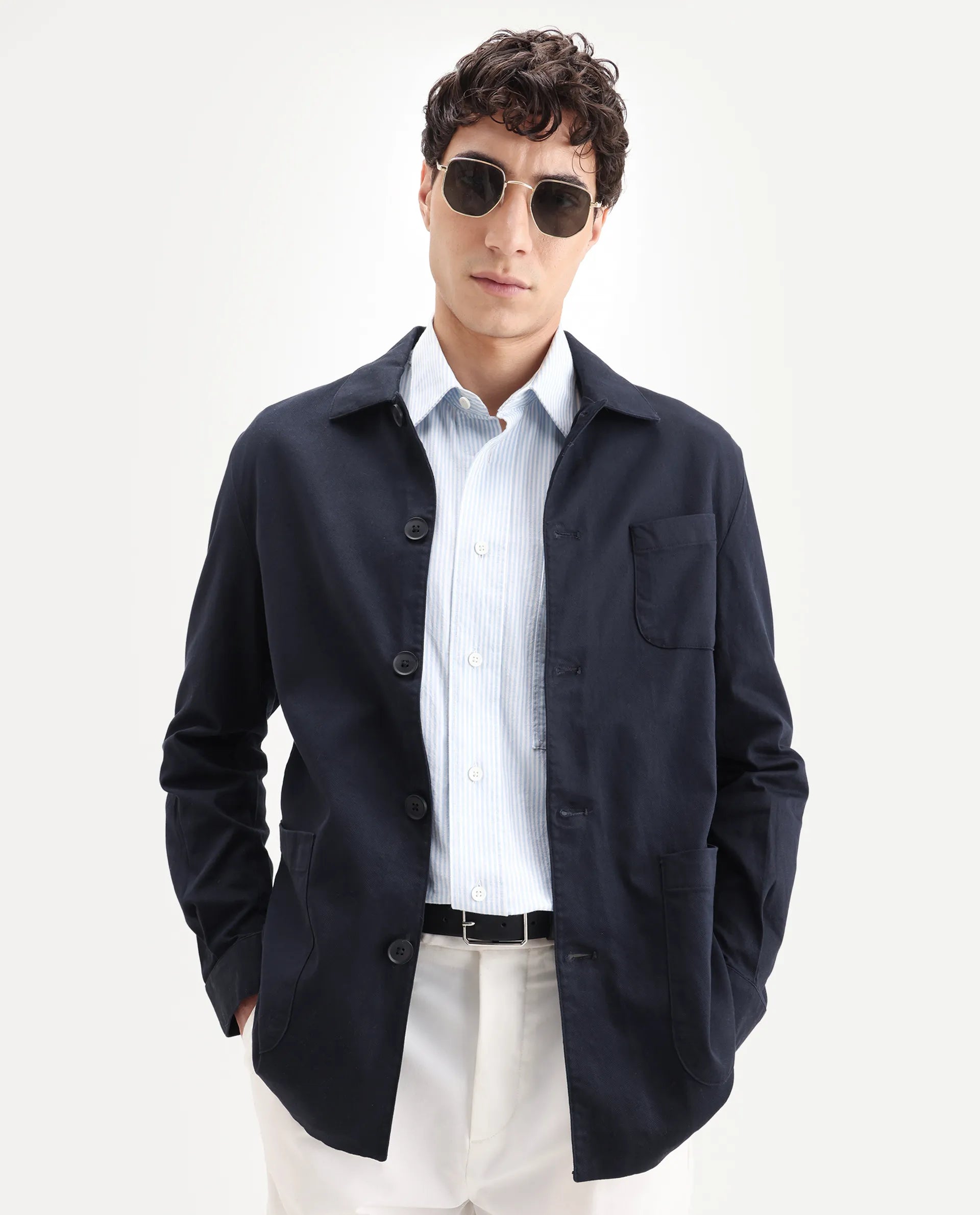 Rare Rabbit Men's Torroy Dark Navy Cotton Blend Plain Regular Fit Full Sleeve Spread Collar Jacket