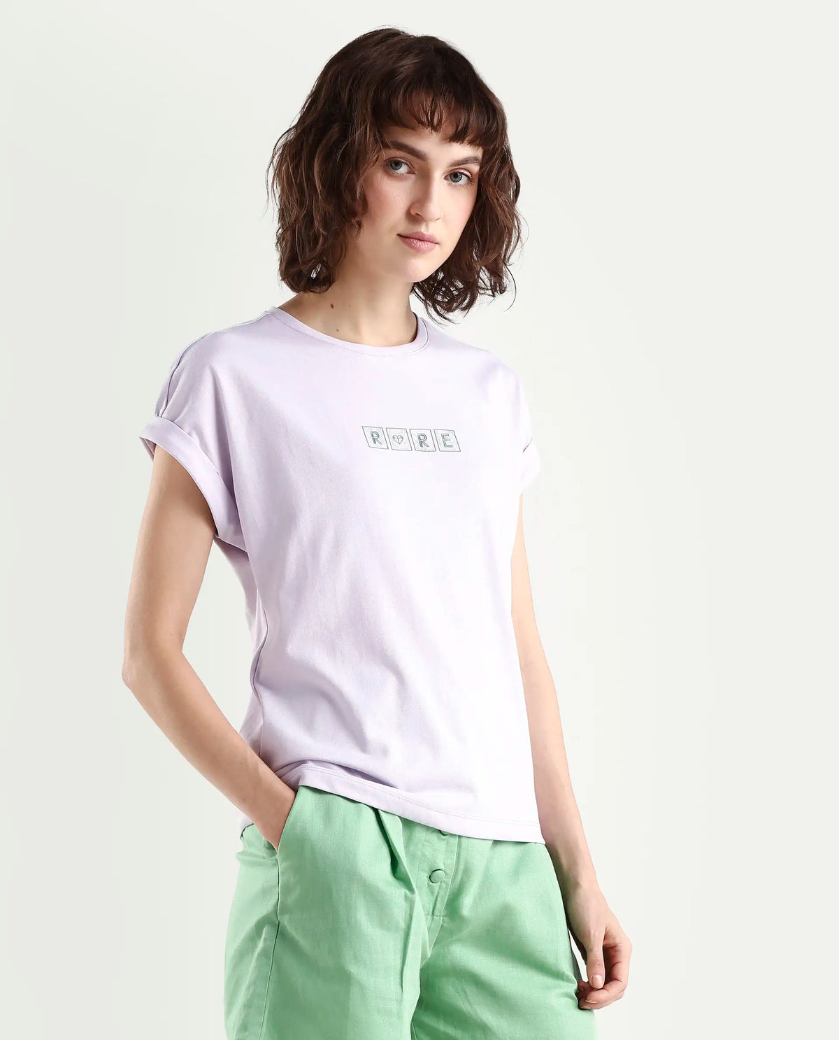 Rareism Women's Alexy Pastel Purple Cotton Blend Crew Neck Graphic Print Extended Sleeves Regular Fit T-Shirt