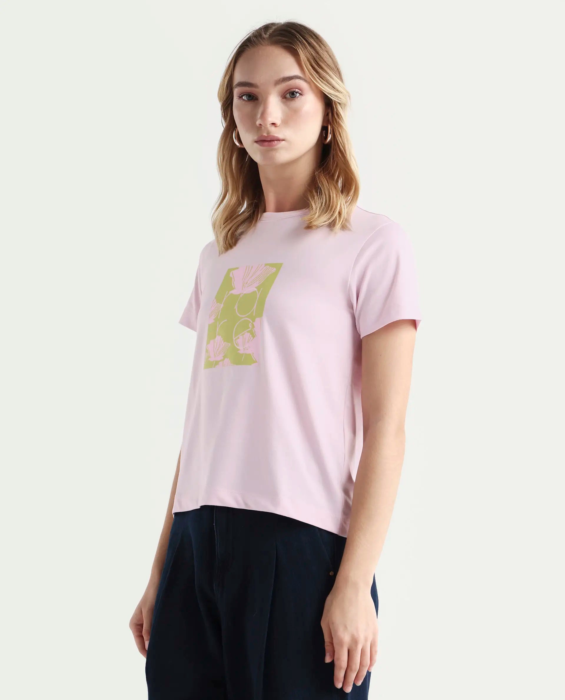 Rareism Women's Kirk Pink Cotton Crew Neck Graphic Print Regular Fit T-Shirt