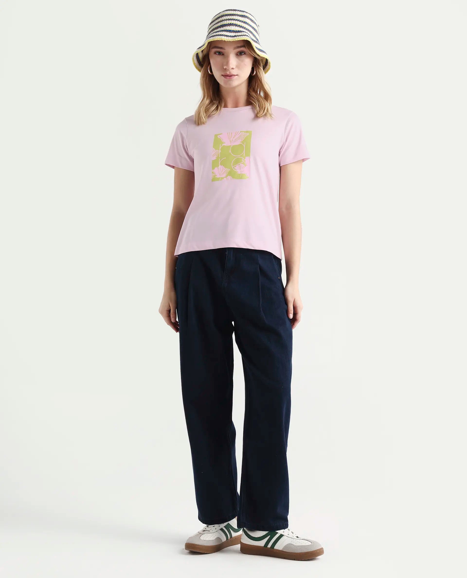 Rareism Women's Kirk Pink Cotton Crew Neck Graphic Print Regular Fit T-Shirt