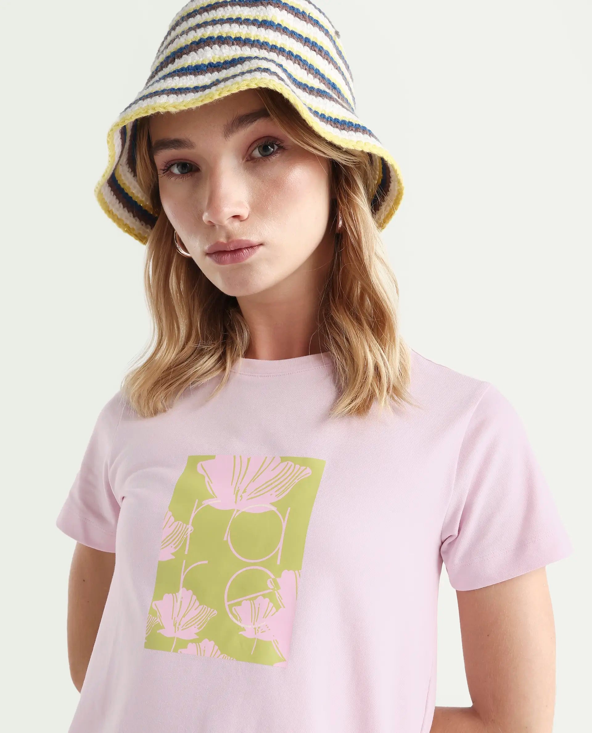 Rareism Women's Kirk Pink Cotton Crew Neck Graphic Print Regular Fit T-Shirt