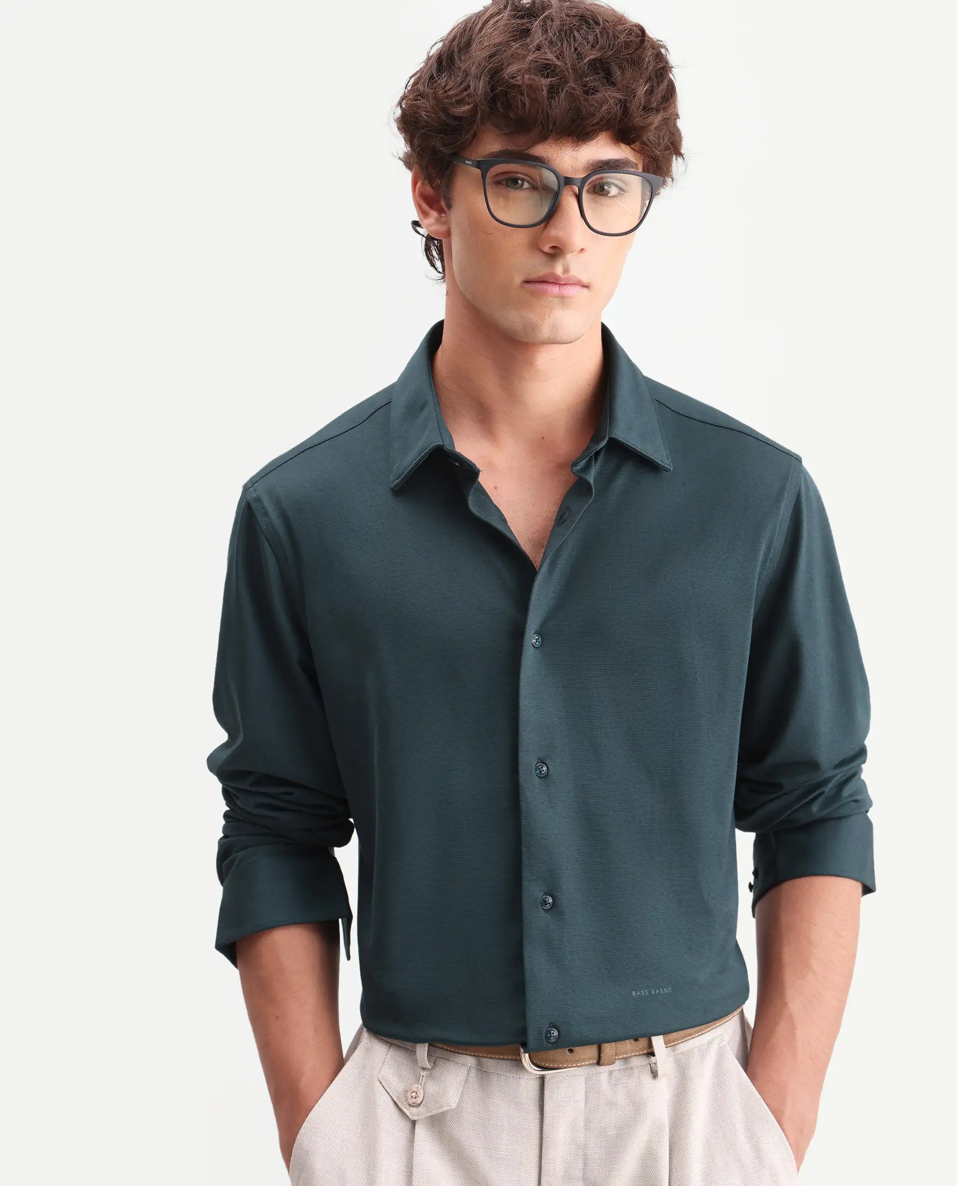 Rare Rabbit Men's Flyknit Dusky Teal Cotton Plain Regular Fit Full Sleeve Collared Shirt