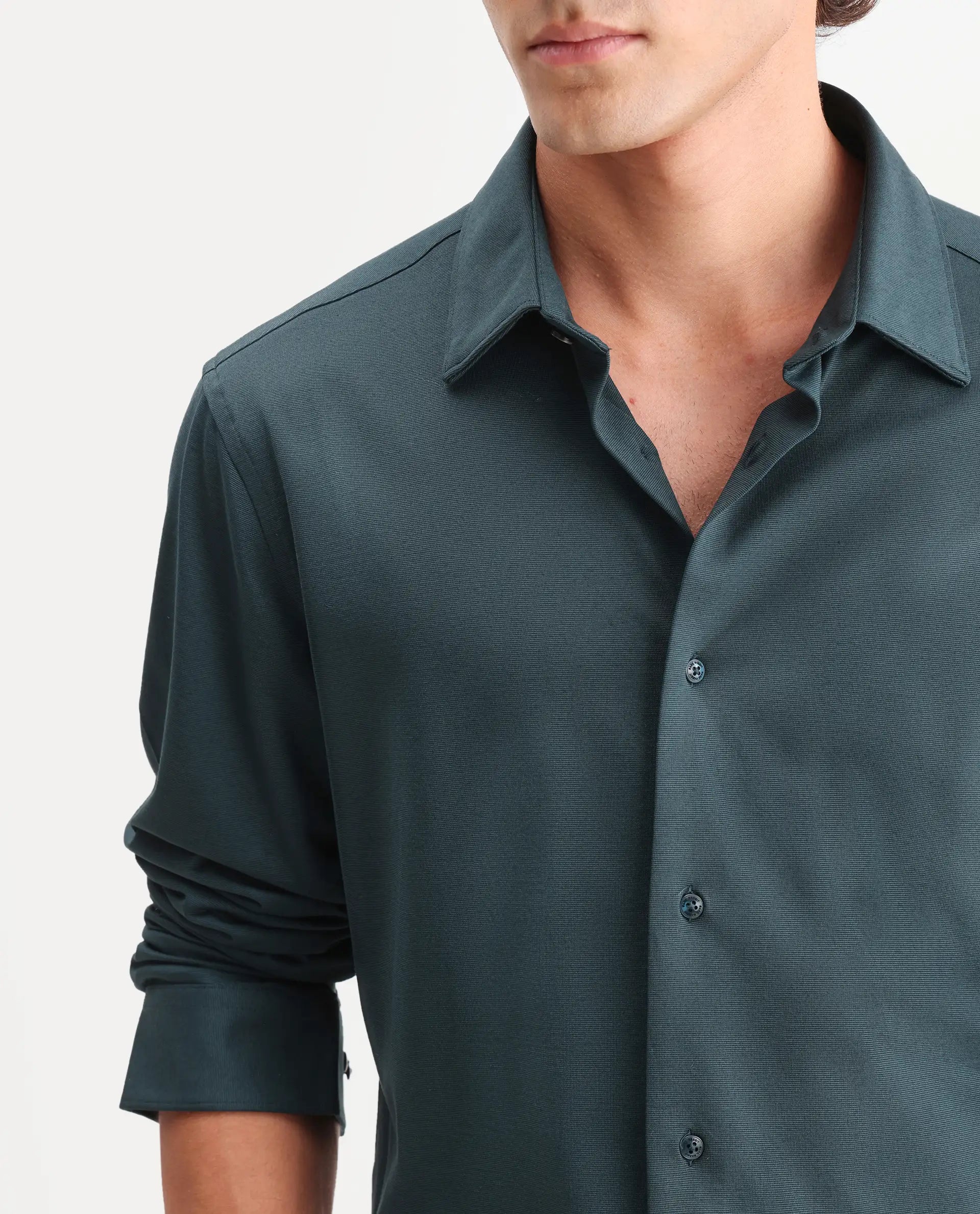 Rare Rabbit Men's Flyknit Dusky Teal Cotton Plain Regular Fit Full Sleeve Collared Shirt