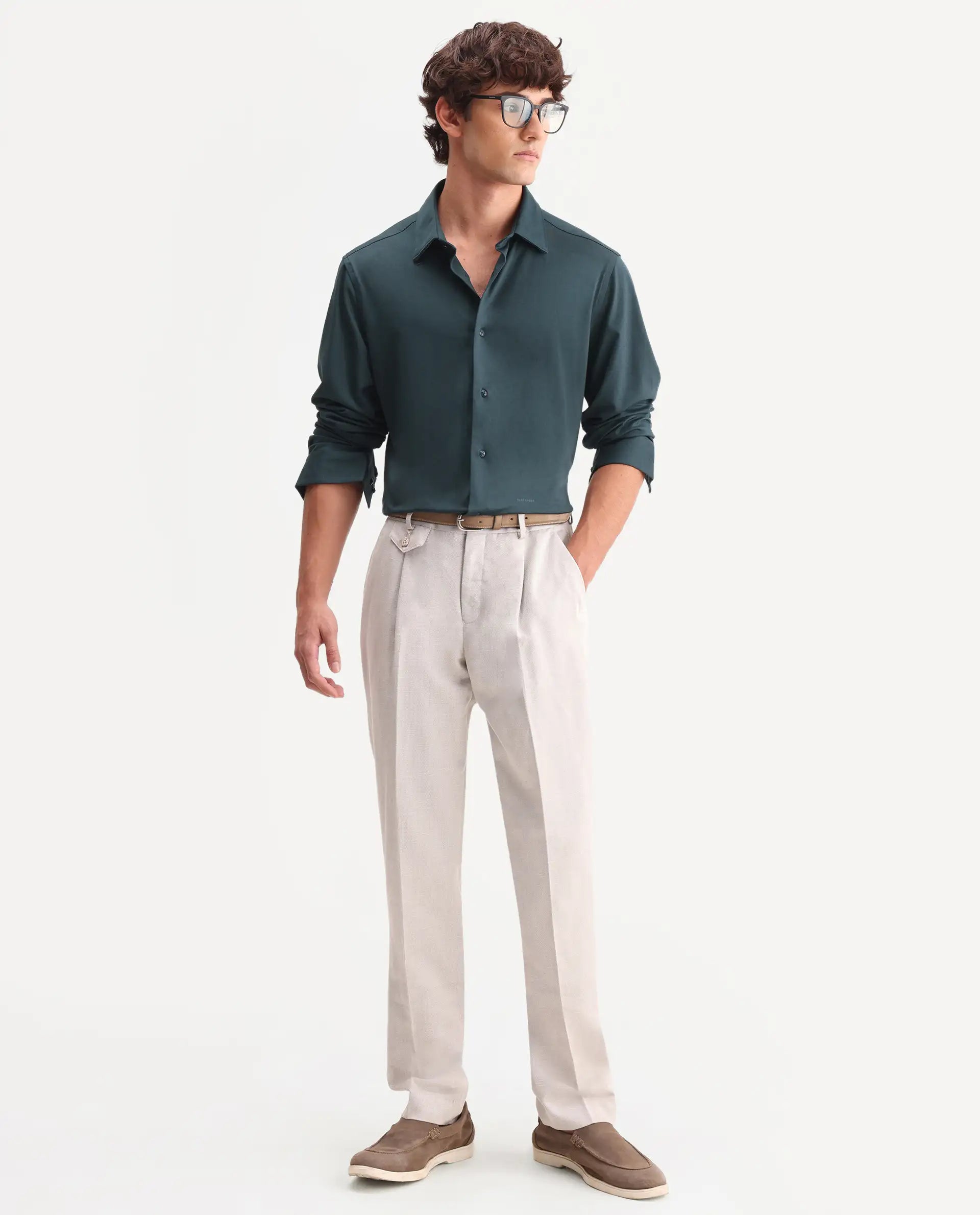 Rare Rabbit Men's Flyknit Dusky Teal Cotton Plain Regular Fit Full Sleeve Collared Shirt