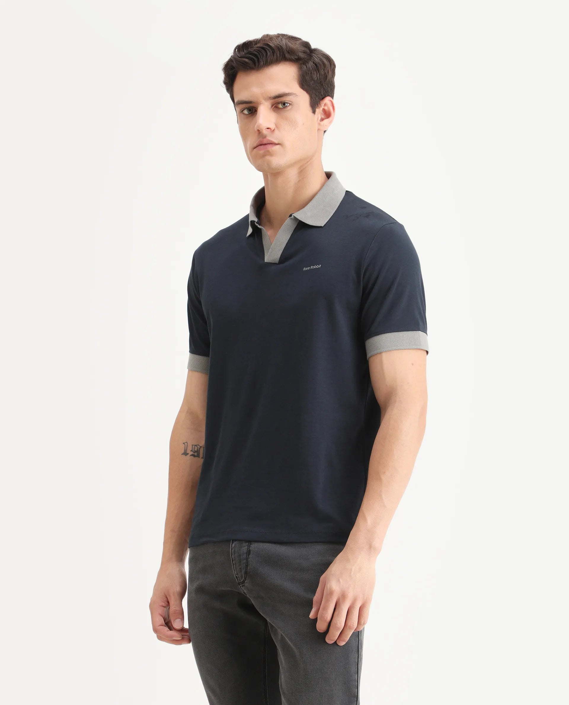 Rare Rabbit Men's Carmelon Navy Cotton Plain Regular Fit Half Sleeve Polo