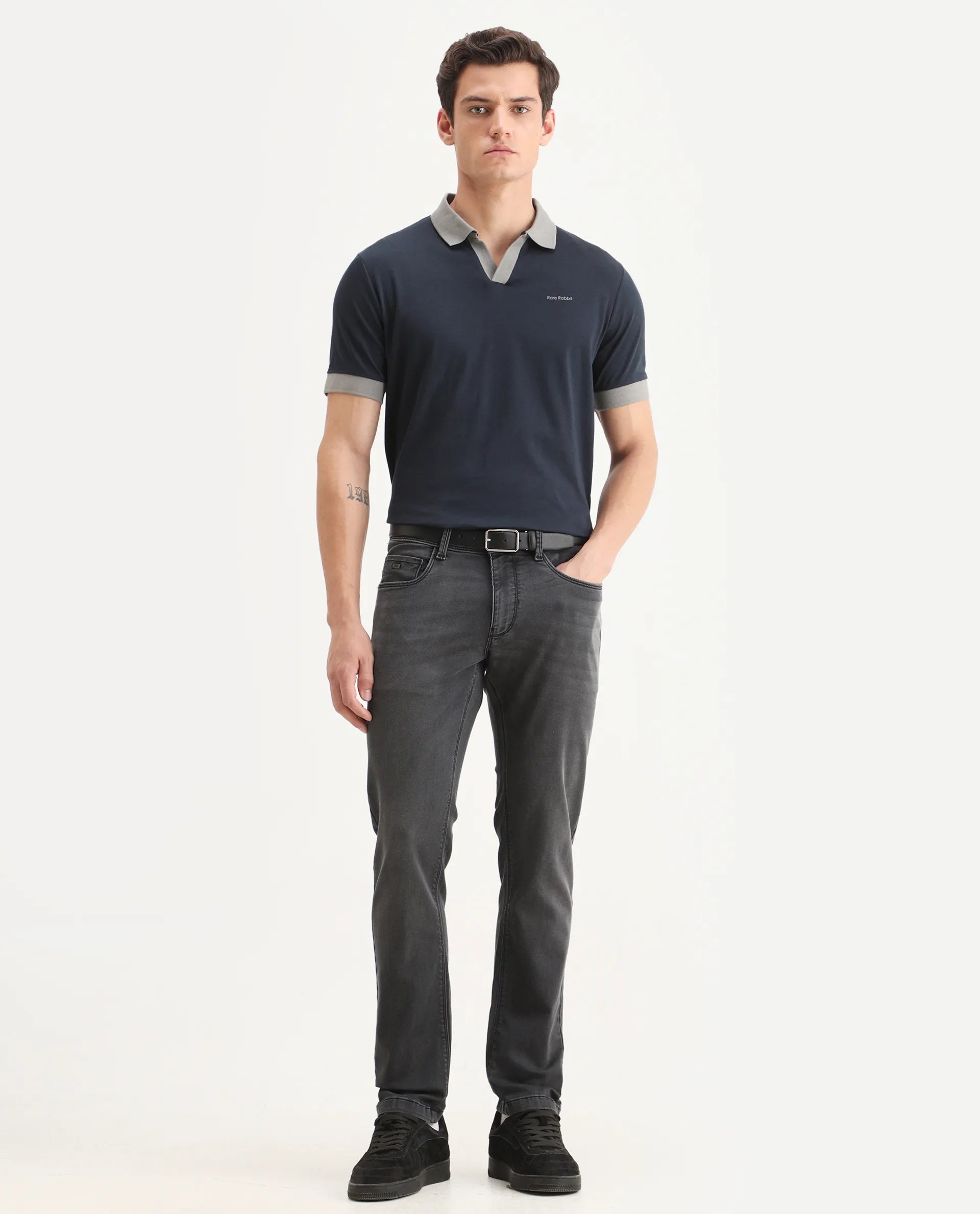 Rare Rabbit Men's Carmelon Navy Cotton Plain Regular Fit Half Sleeve Polo