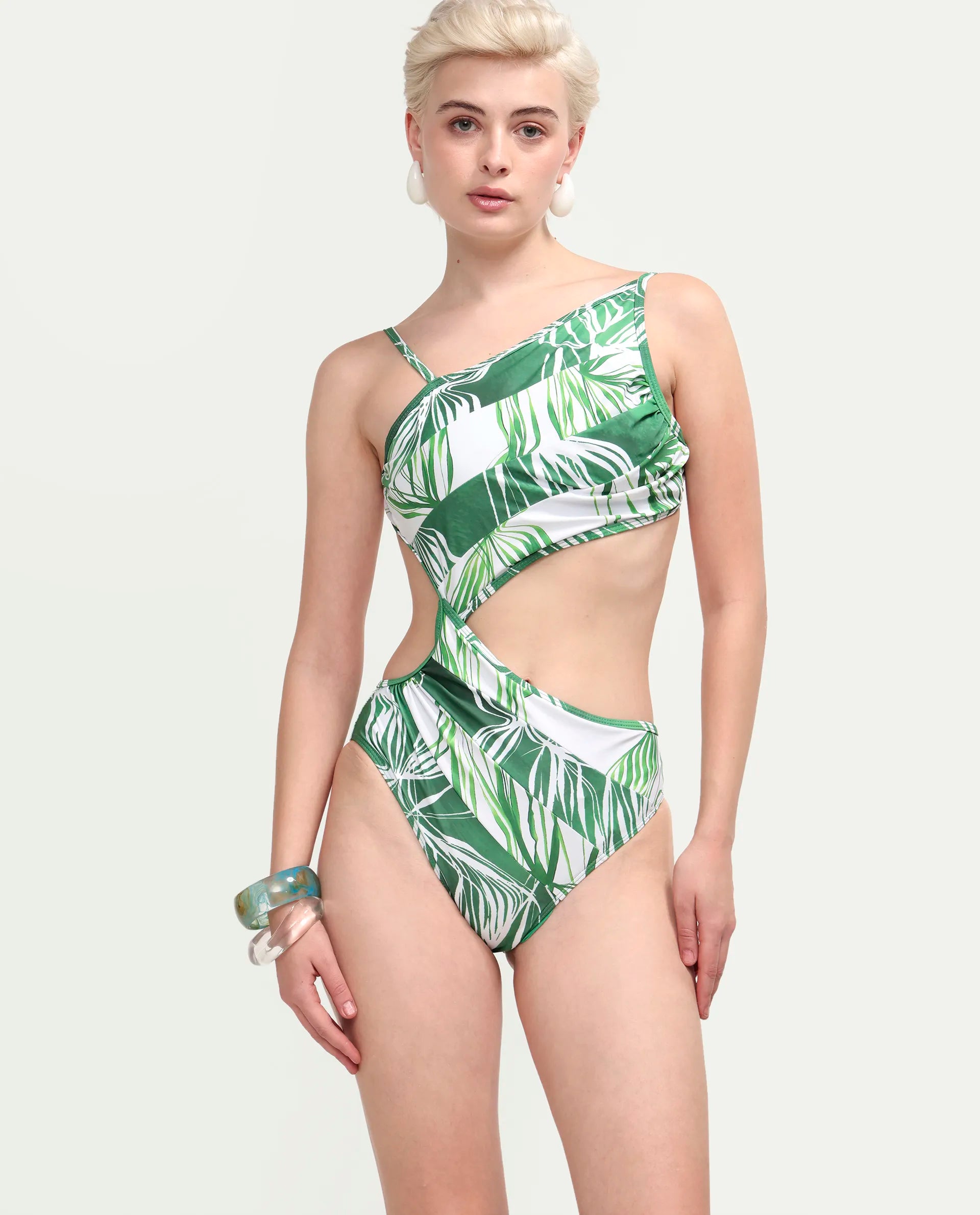 Rareism Women's Daph Green Asymmetric Neck Tropical Print Sleeveless Mini Bodysuit Swimsuit