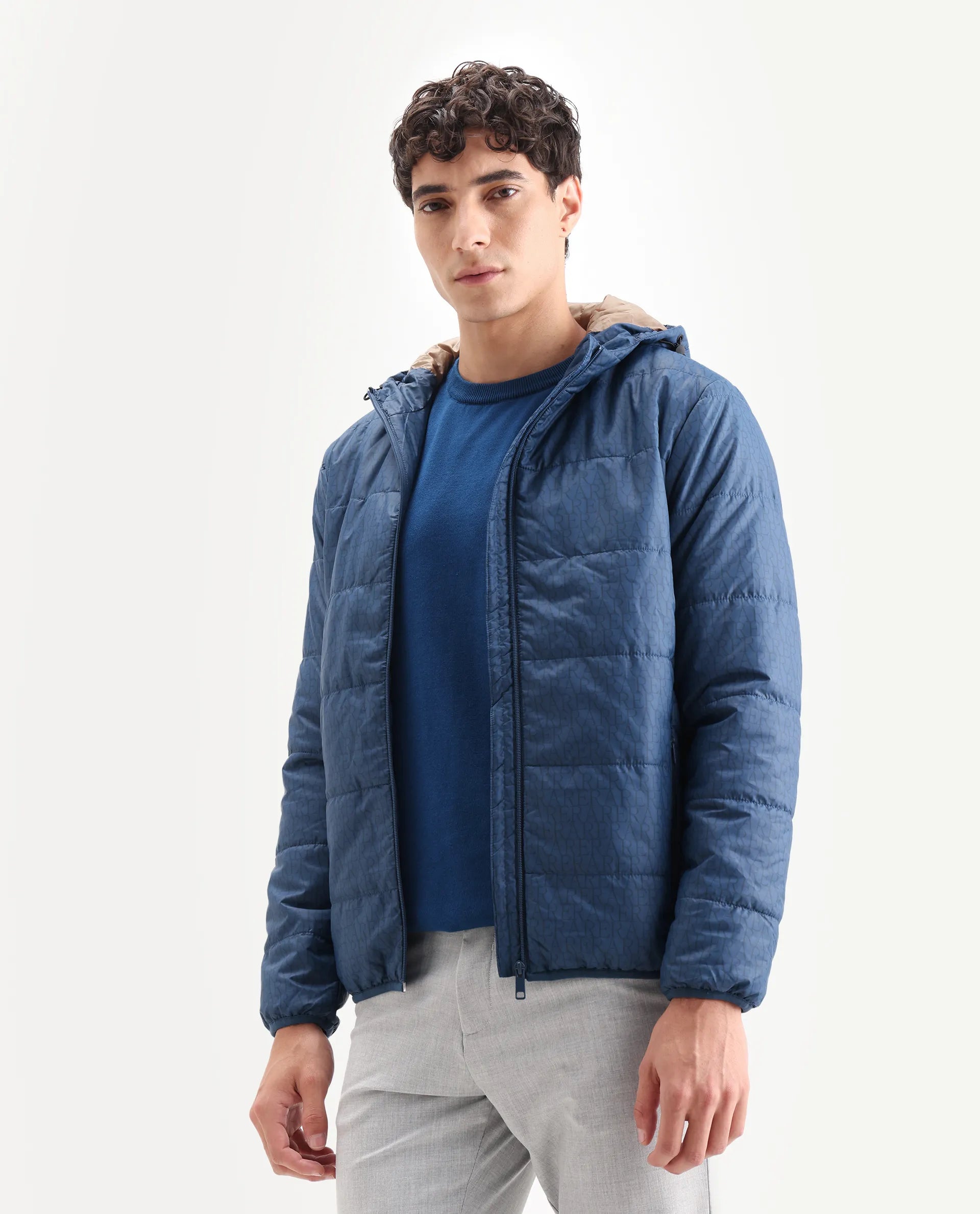 Rare Rabbit Men's Vasto Petrol Polyester Monogram Print Regular Fit Full Sleeve Hooded Jacket