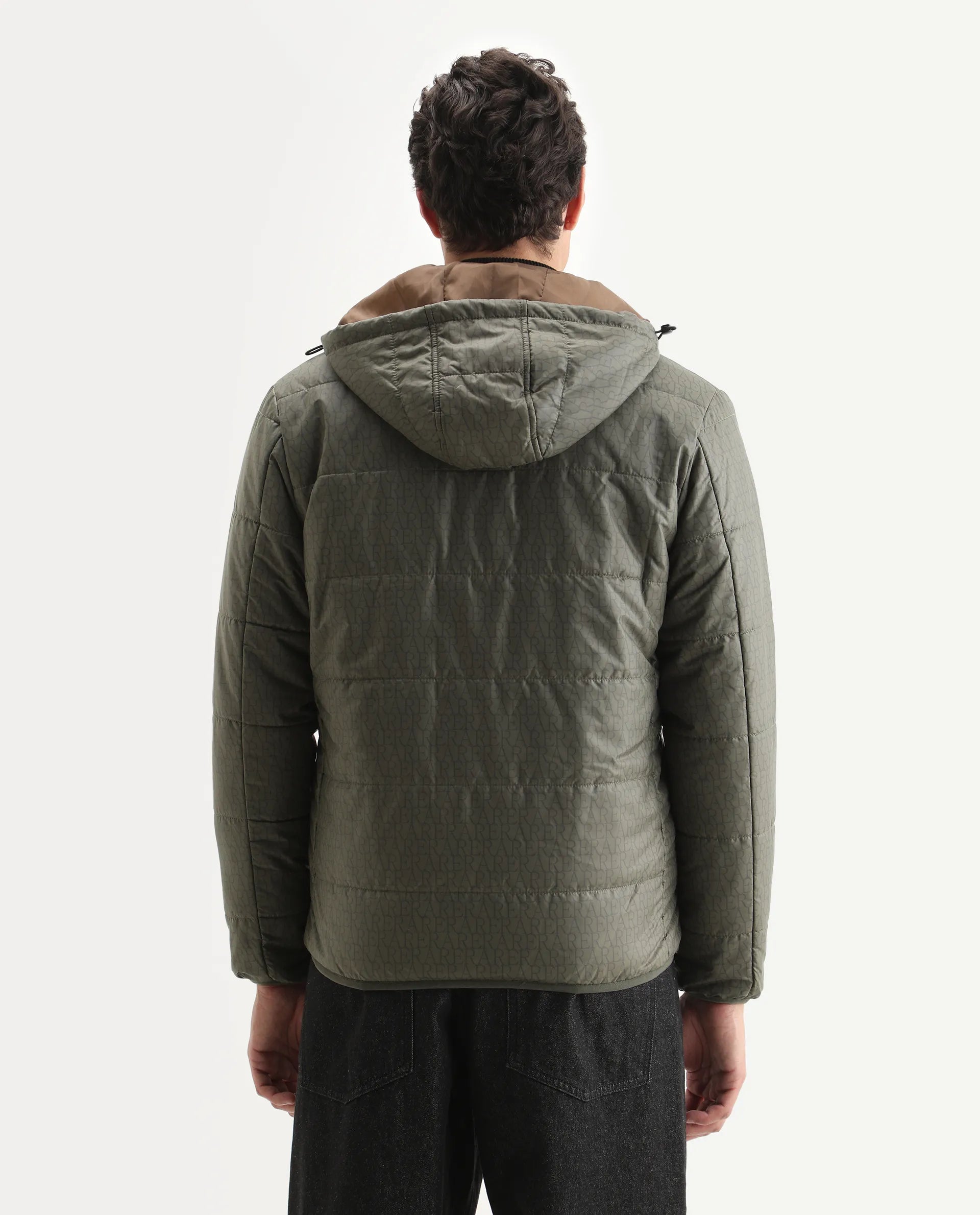 Rare Rabbit Men's Vasto Olive Polyester Monogram Print Regular Fit Full Sleeve Hooded Jacket