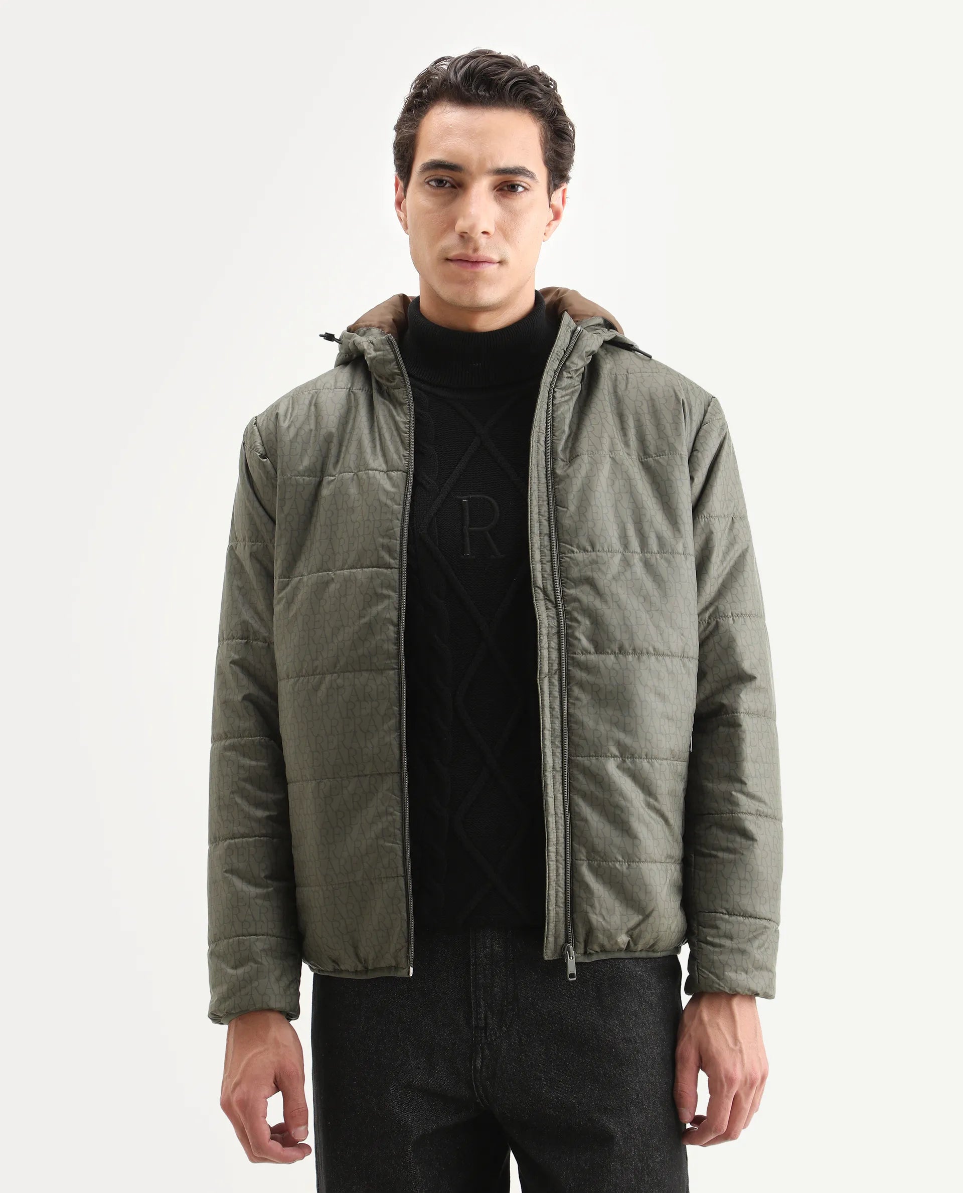Rare Rabbit Men's Vasto Olive Polyester Monogram Print Regular Fit Full Sleeve Hooded Jacket