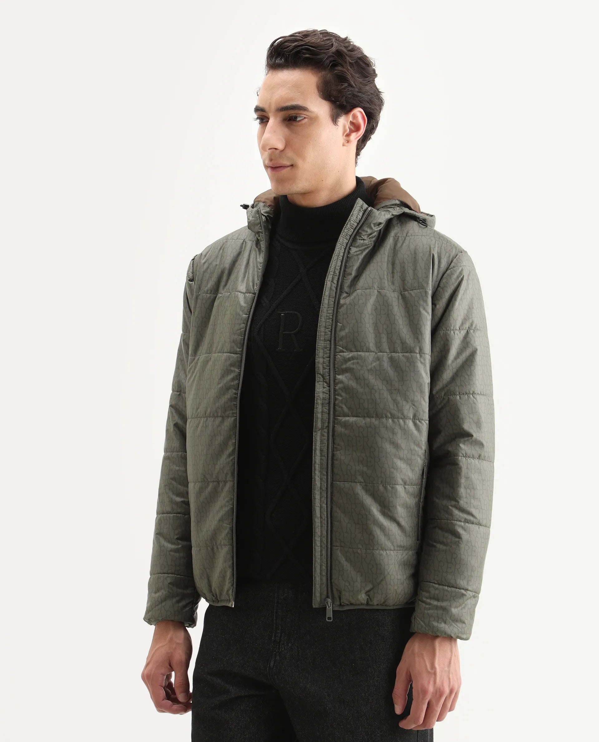 Rare Rabbit Men's Vasto Olive Polyester Monogram Print Regular Fit Full Sleeve Hooded Jacket