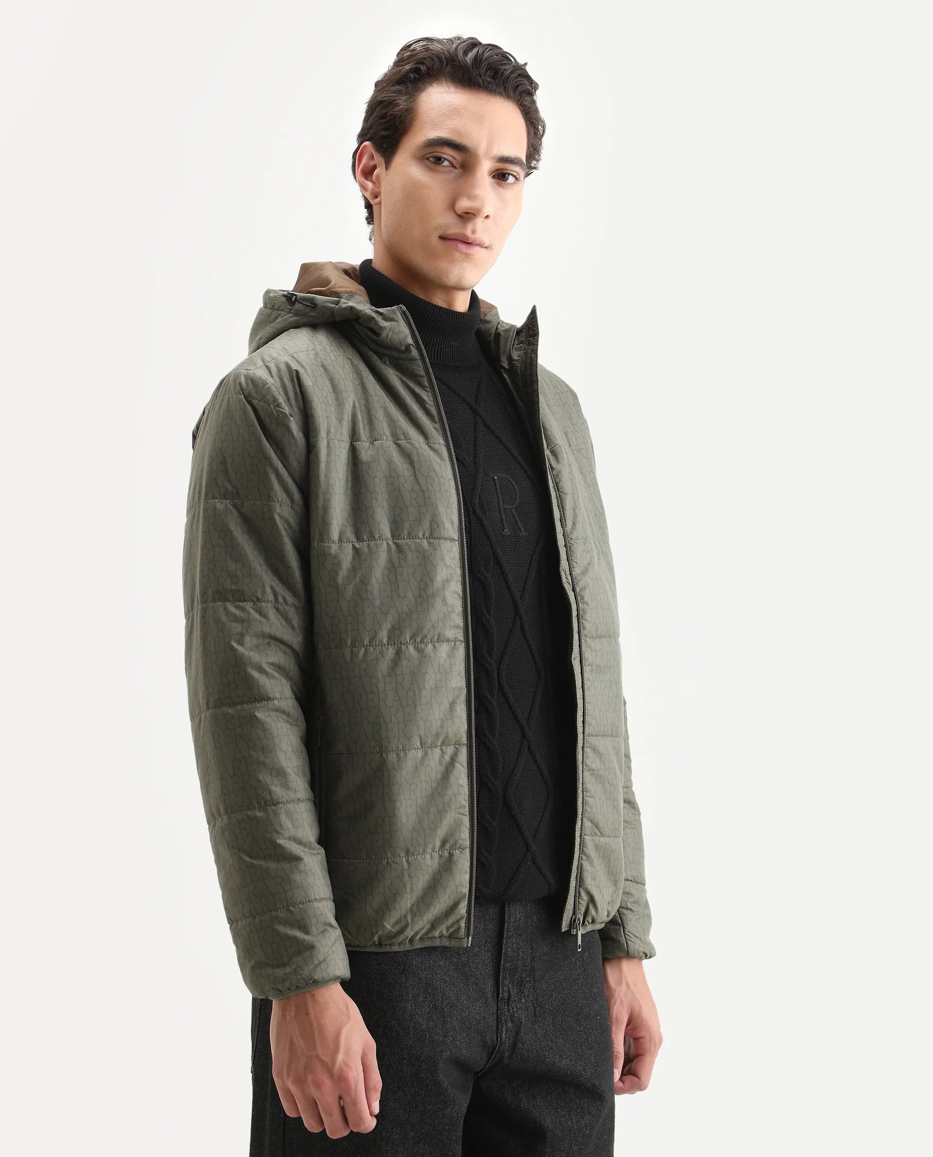 Rare Rabbit Men's Vasto Olive Polyester Monogram Print Regular Fit Full Sleeve Hooded Jacket