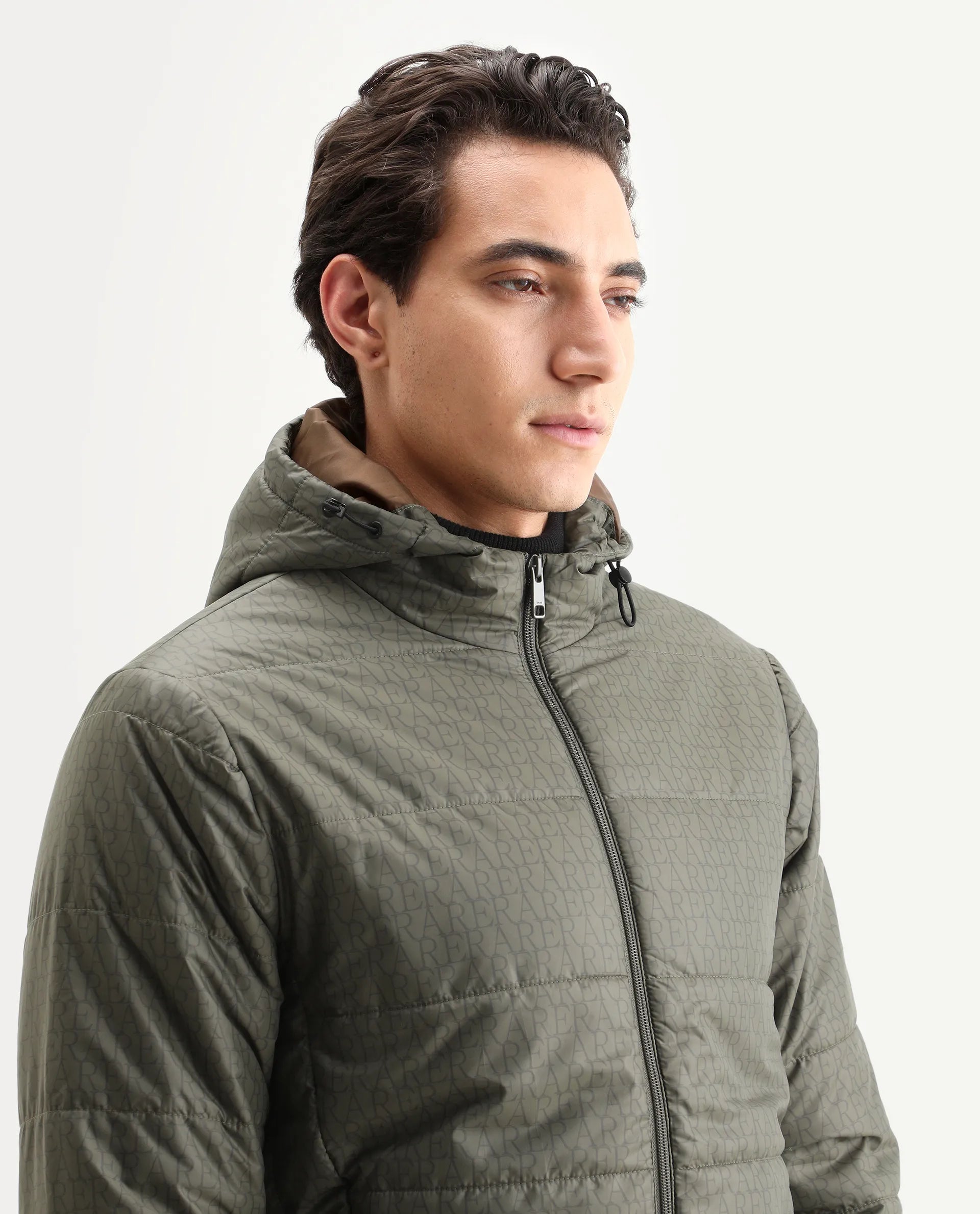 Rare Rabbit Men's Vasto Olive Polyester Monogram Print Regular Fit Full Sleeve Hooded Jacket