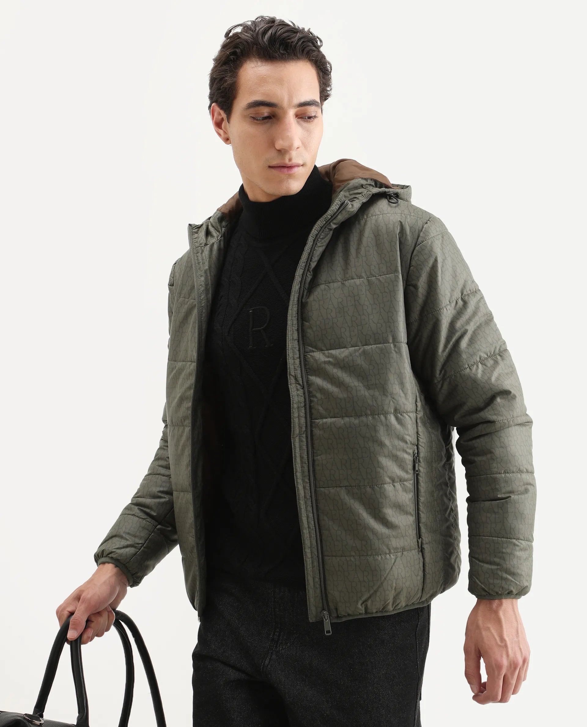 Rare Rabbit Men's Vasto Olive Polyester Monogram Print Regular Fit Full Sleeve Hooded Jacket