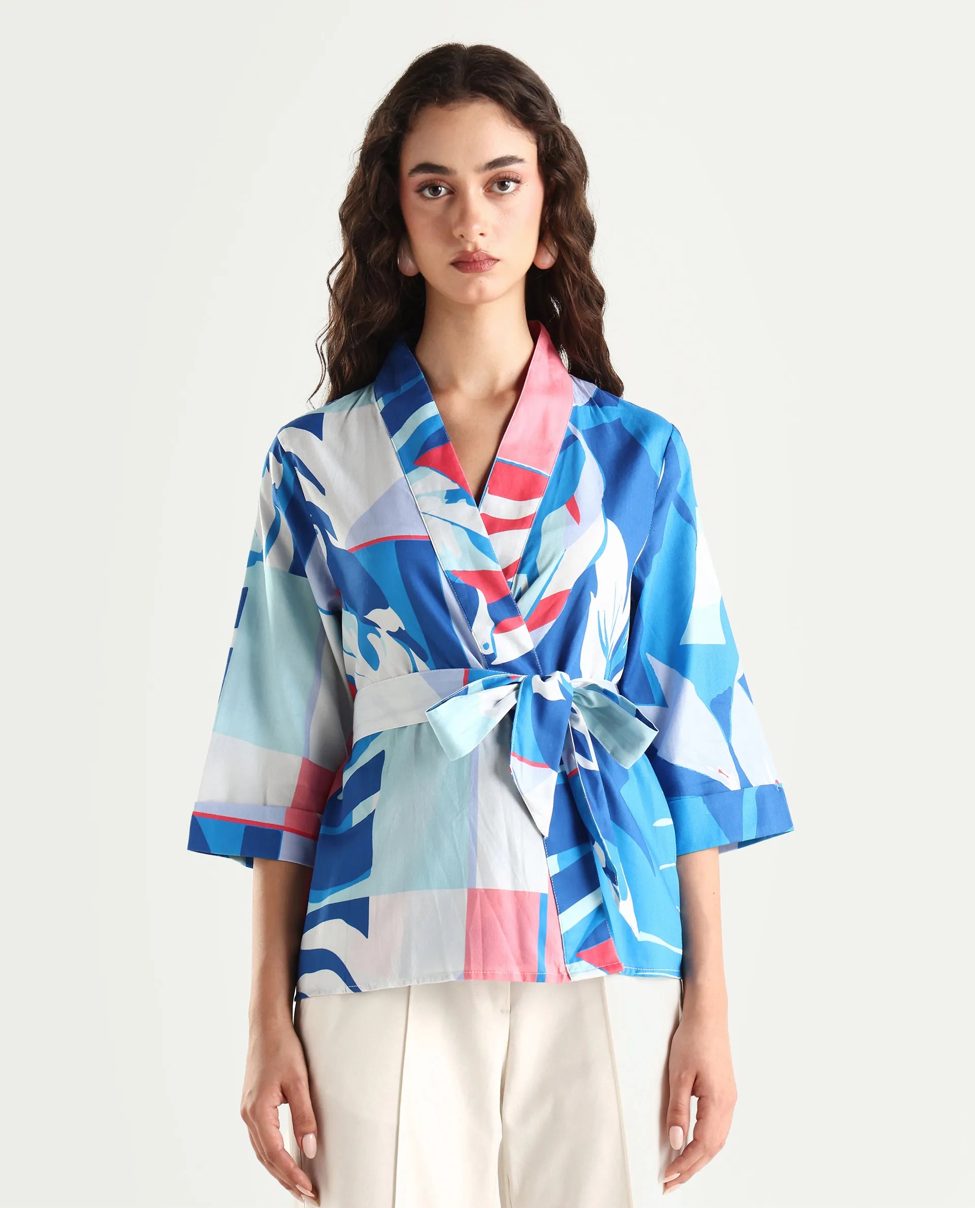 Rareism Women's Zamo Blue Cotton Blend Overlap Neck Abstract Print Regular Fit Top