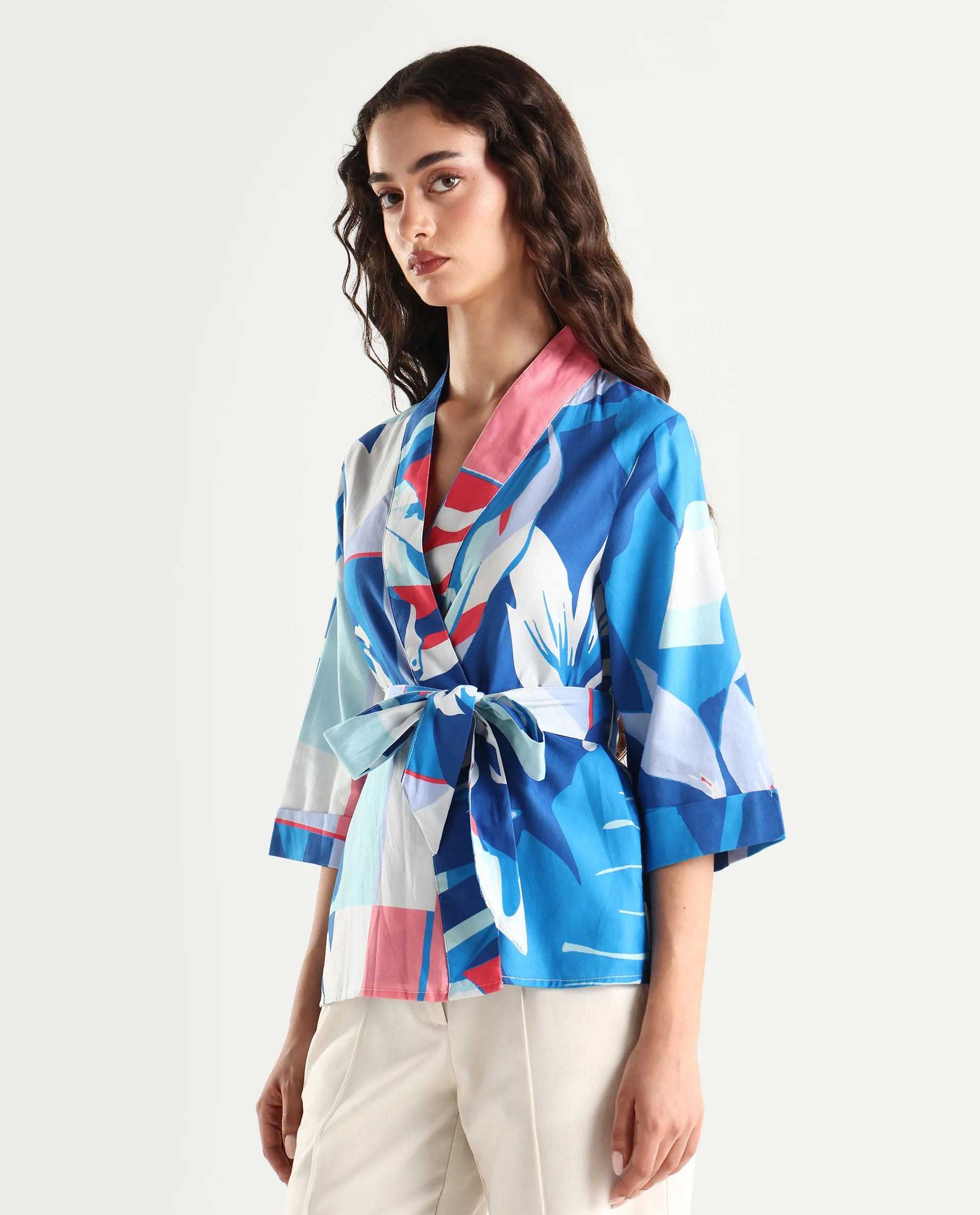 Rareism Women's Zamo Blue Cotton Blend Overlap Neck Abstract Print Regular Fit Top