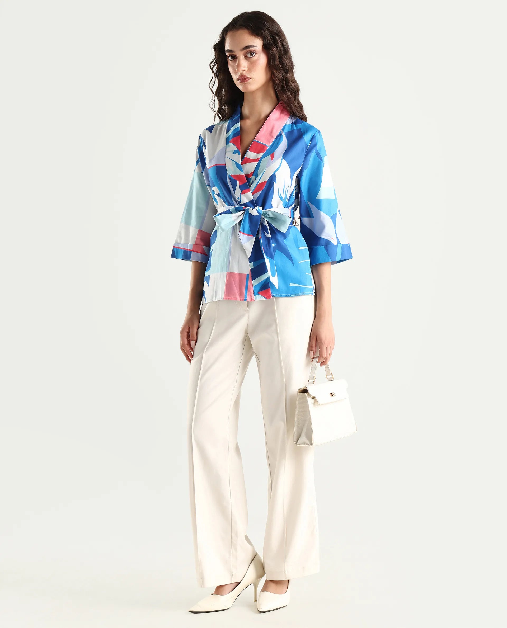 Rareism Women's Zamo Blue Cotton Blend Overlap Neck Abstract Print Regular Fit Top