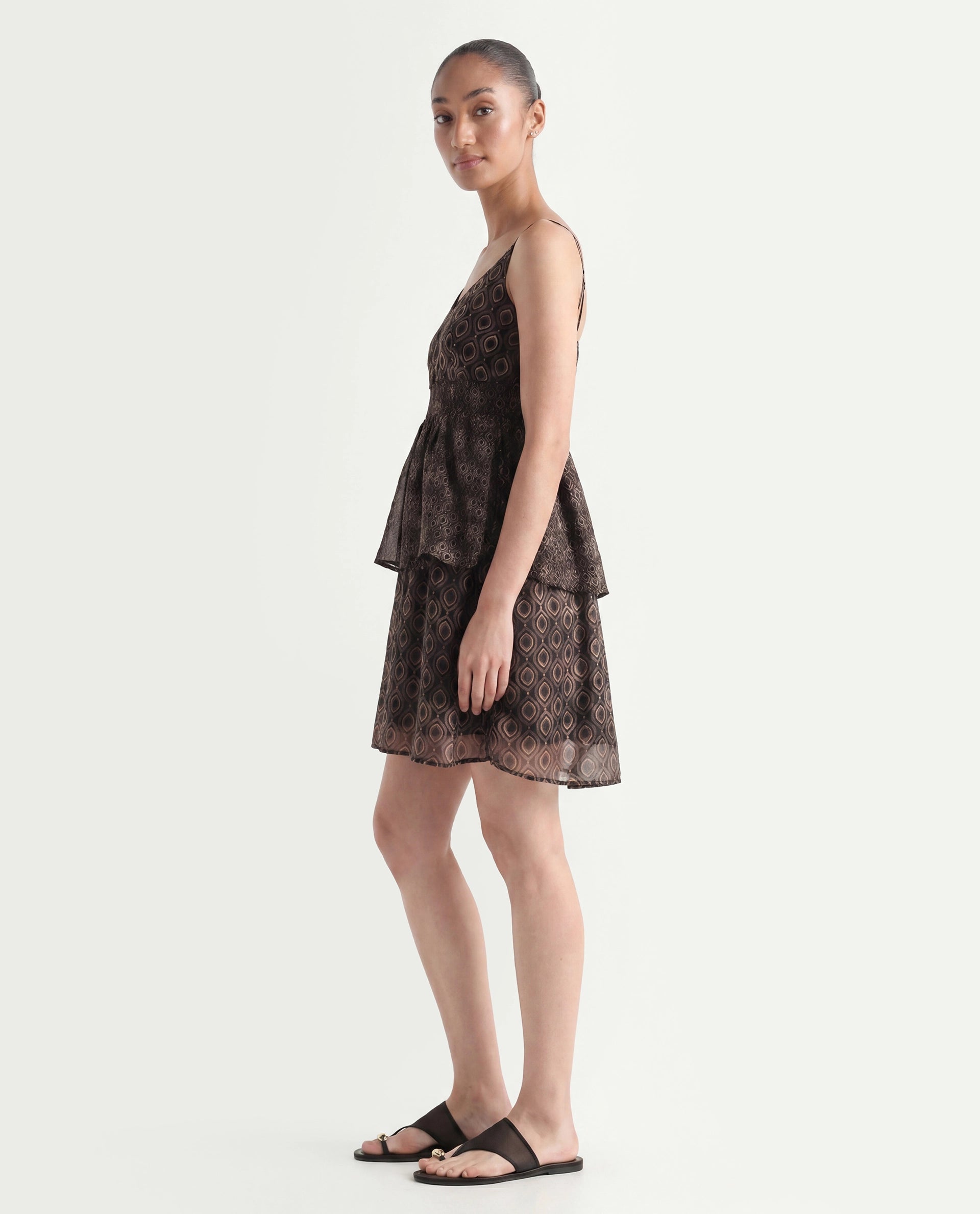 Rareism Women's Leonar Black Polyester Shoulder Strap Geometric Print Shoulder Strap Mini Fit And Flare Dress