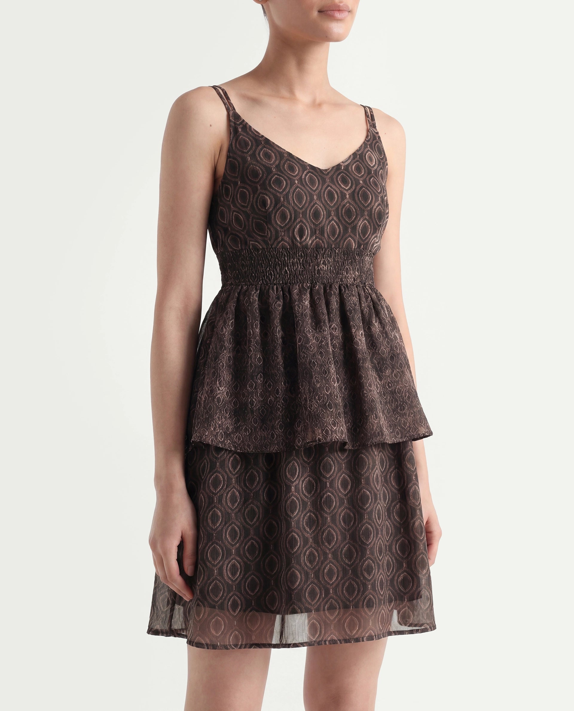 Rareism Women's Leonar Black Polyester Shoulder Strap Geometric Print Shoulder Strap Mini Fit And Flare Dress