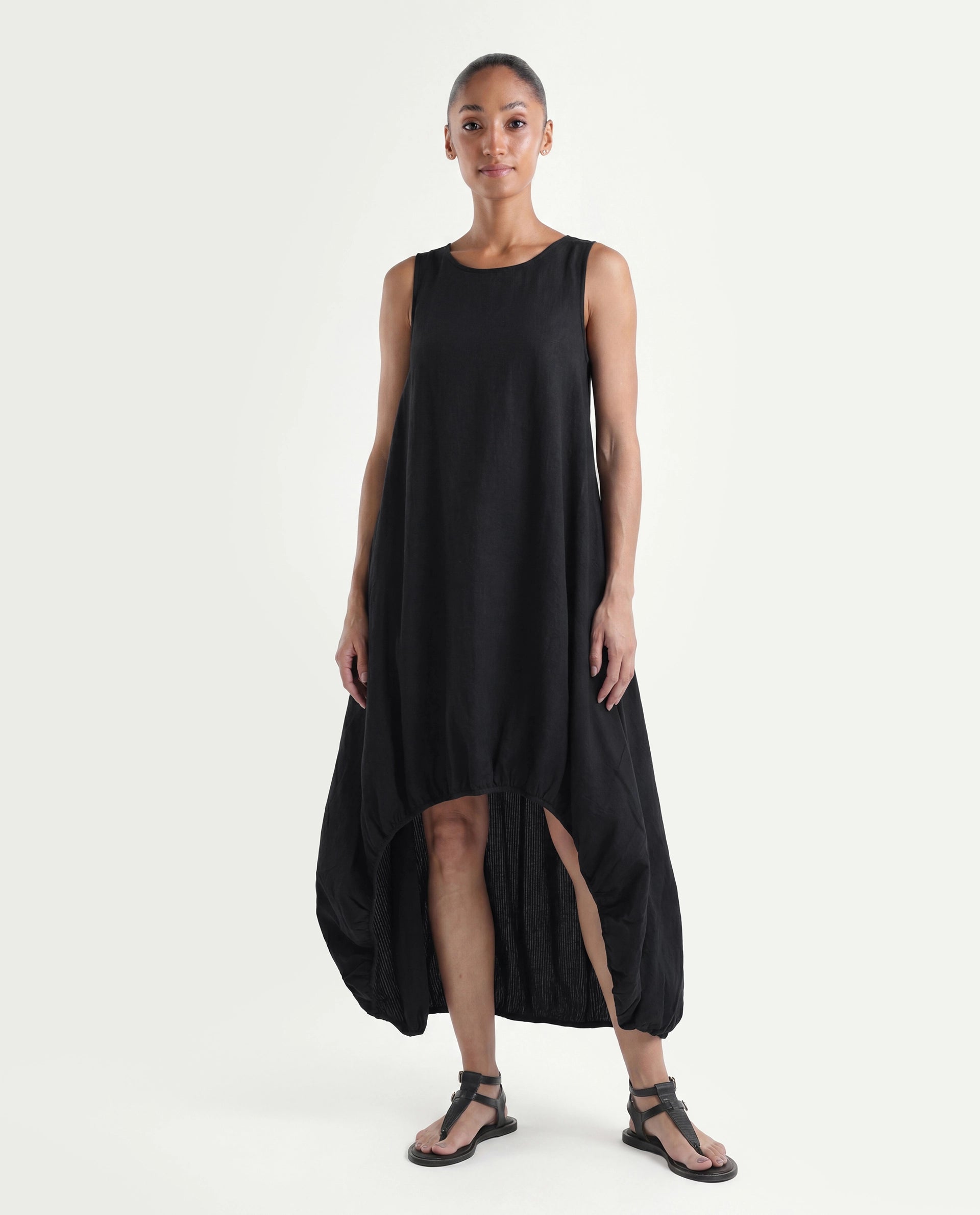 Rareism Women's Zakura Black Cotton Crew Neck Striped Sleeveless Maxi Balloon Dress