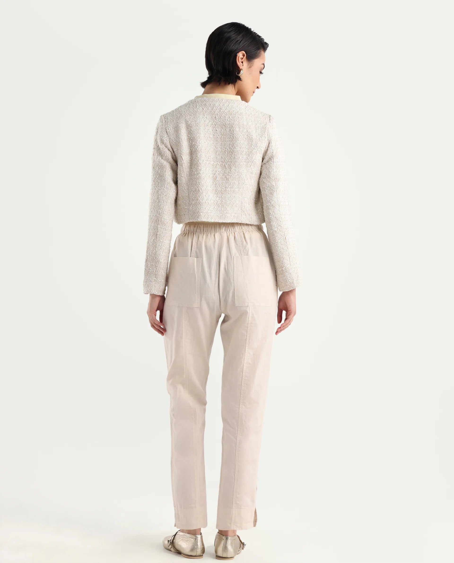 Rareism Women's Bintono Off White Cotton Blend Plain Ankle Length Tapered Trouser