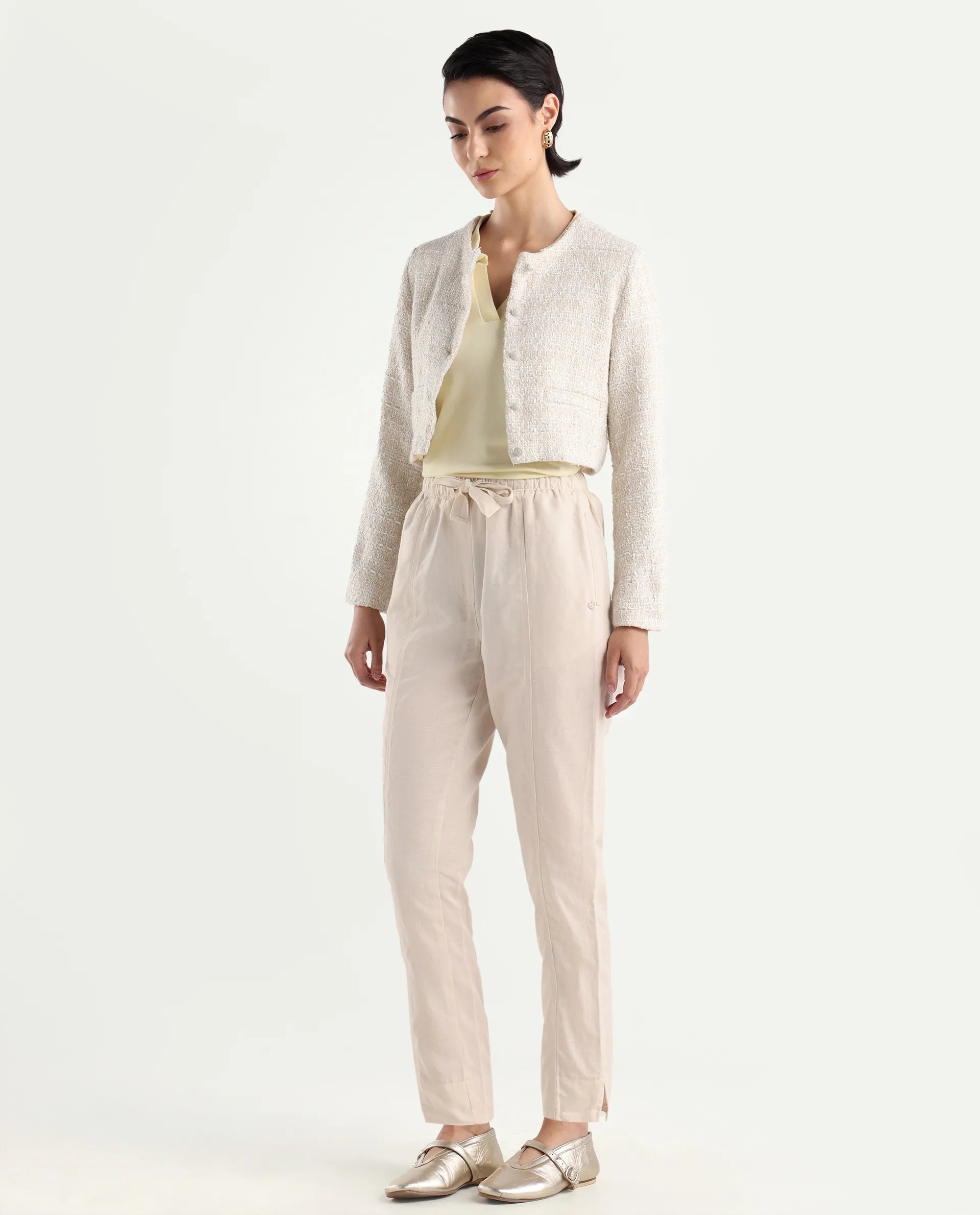 Rareism Women's Bintono Off White Cotton Blend Plain Ankle Length Tapered Trouser