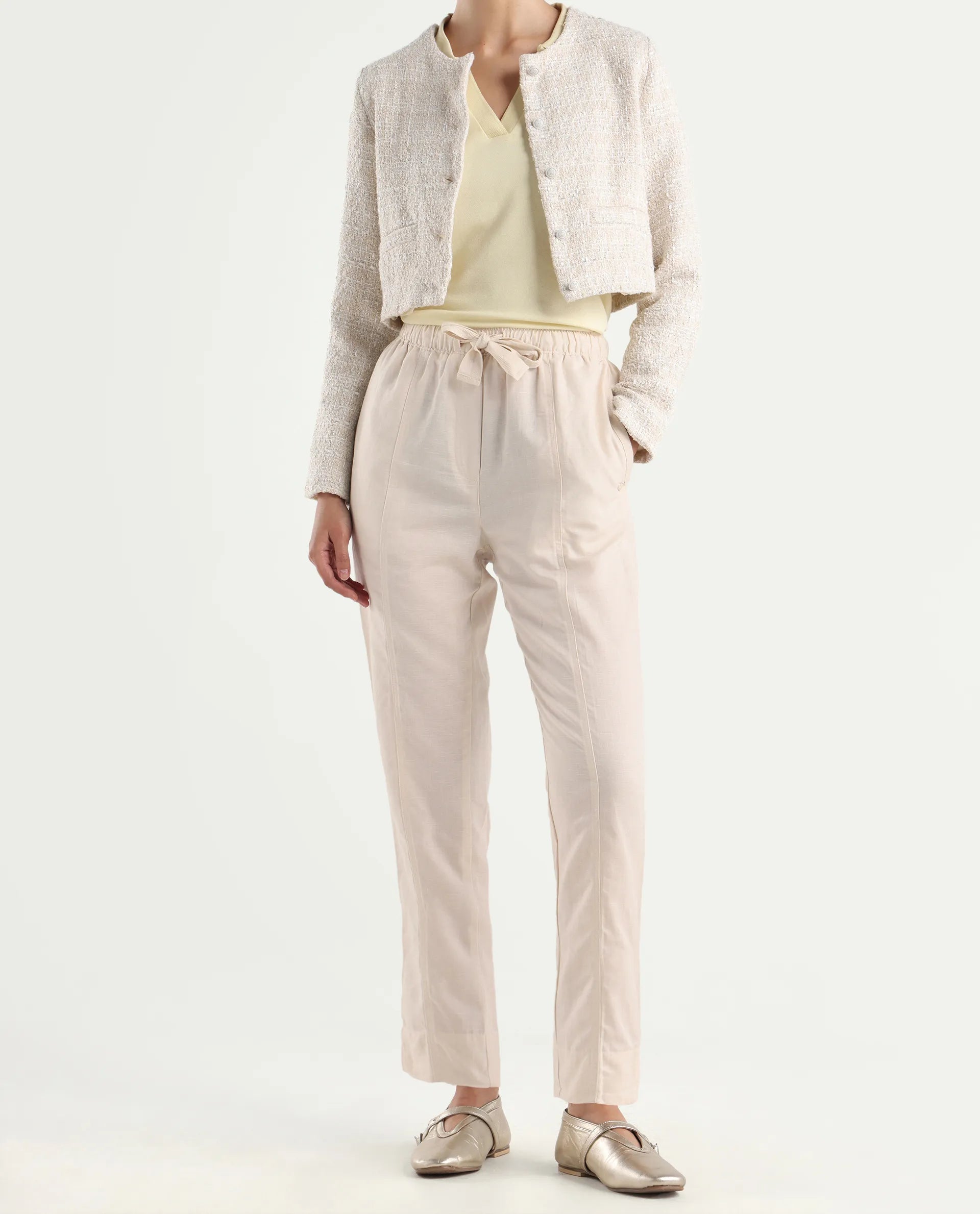 Rareism Women's Bintono Off White Cotton Blend Plain Ankle Length Tapered Trouser