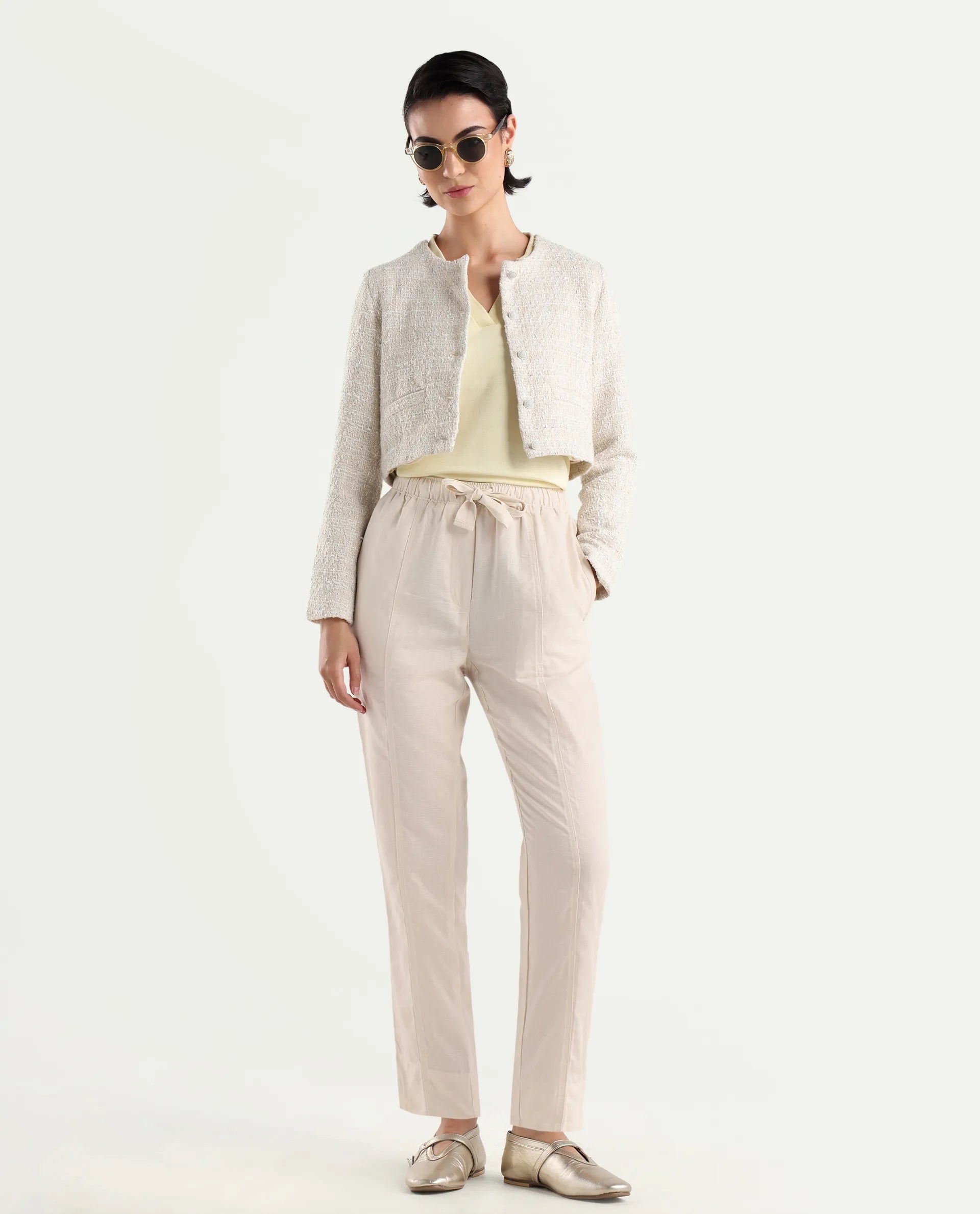 Rareism Women's Bintono Off White Cotton Blend Plain Ankle Length Tapered Trouser