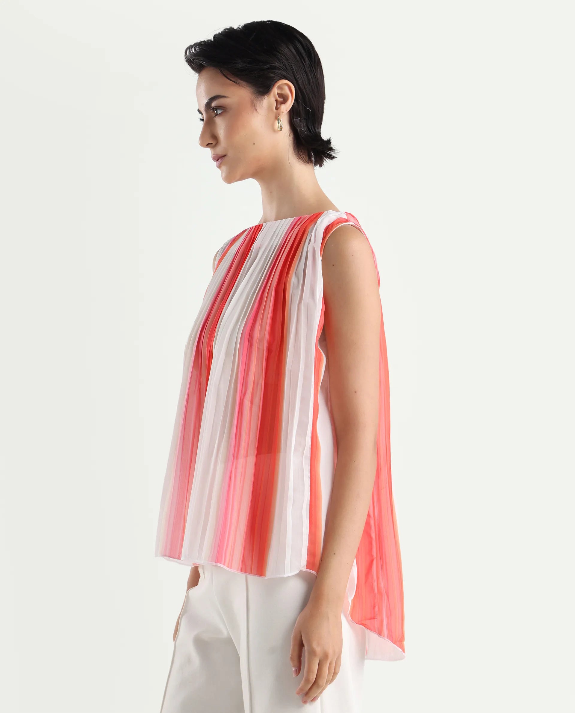 Rareism Women's Materio Multi Polyester Boat Neck Striped Sleeveless Relaxed Fit Top