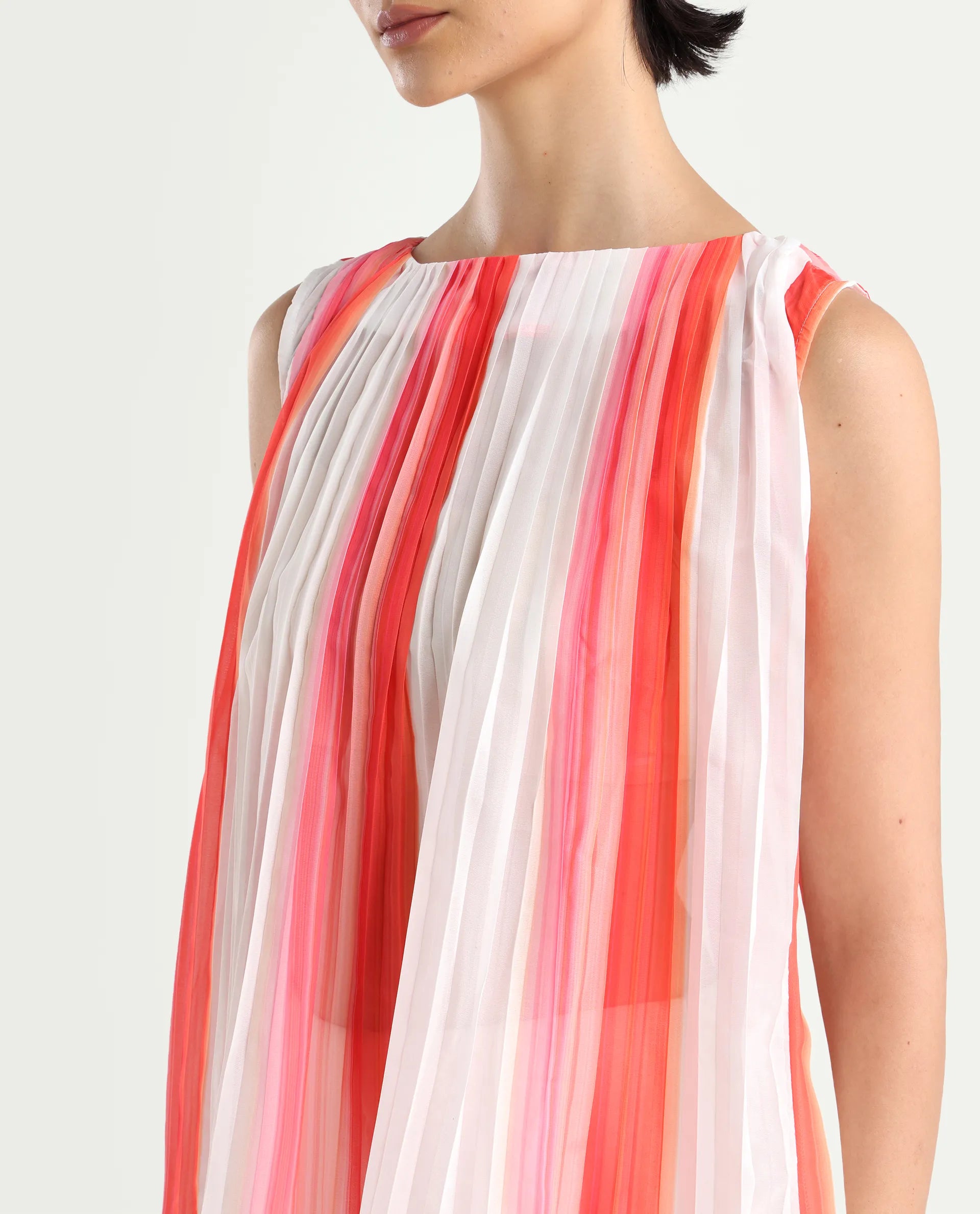 Rareism Women's Materio Multi Polyester Boat Neck Striped Sleeveless Relaxed Fit Top