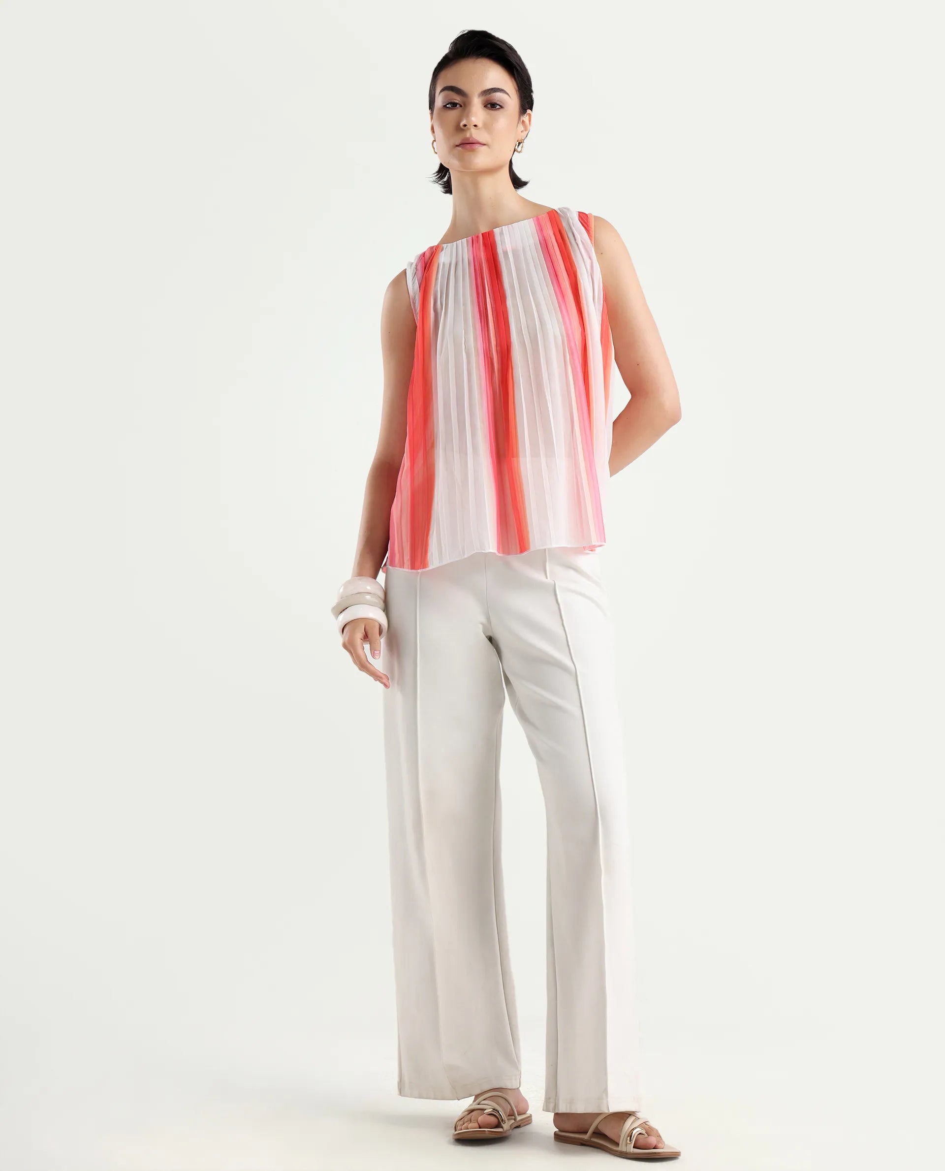 Rareism Women's Materio Multi Polyester Boat Neck Striped Sleeveless Relaxed Fit Top