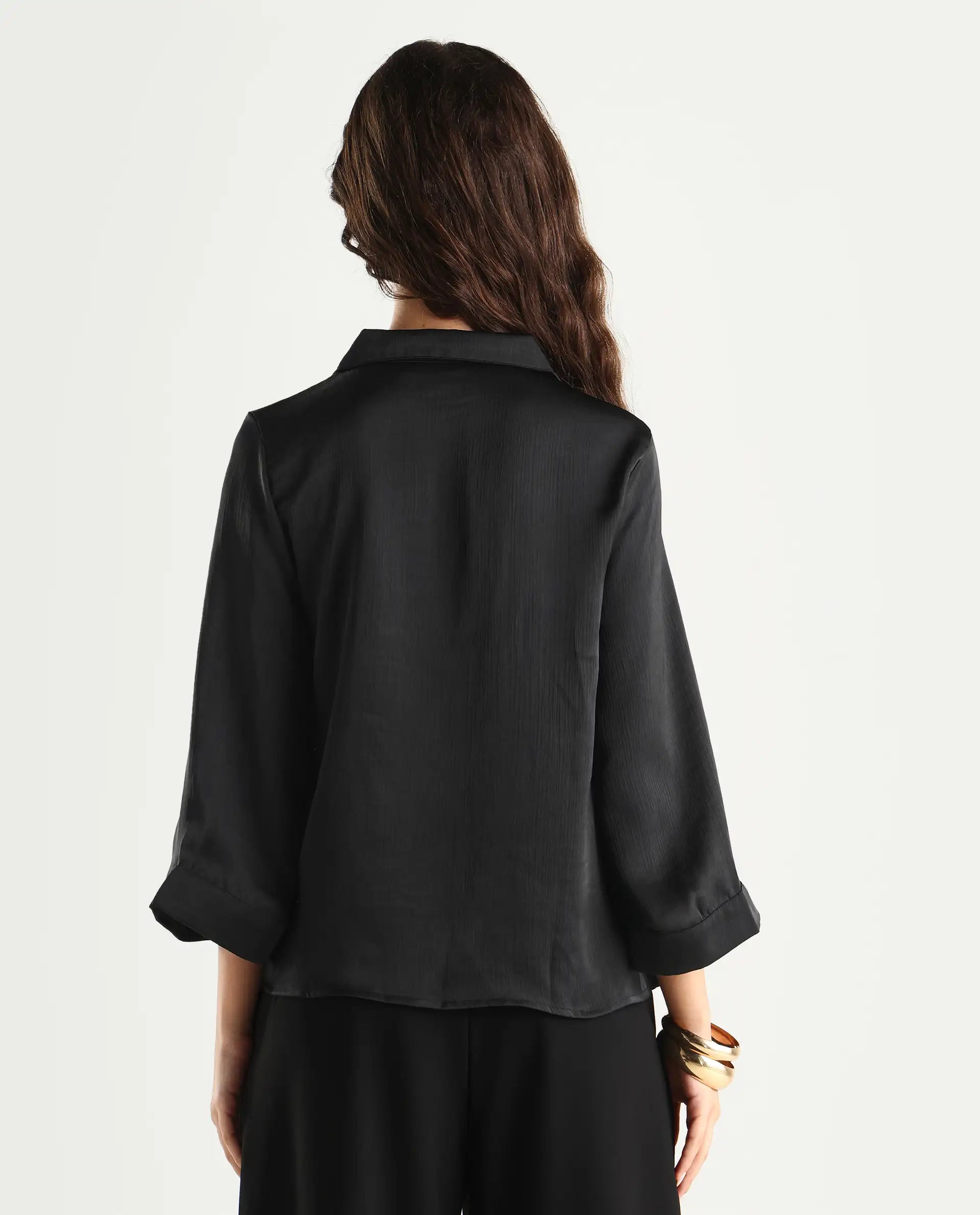 Rareism Women's Gaurerro Black Polyester Lapel Neck Plain Regular Fit Top