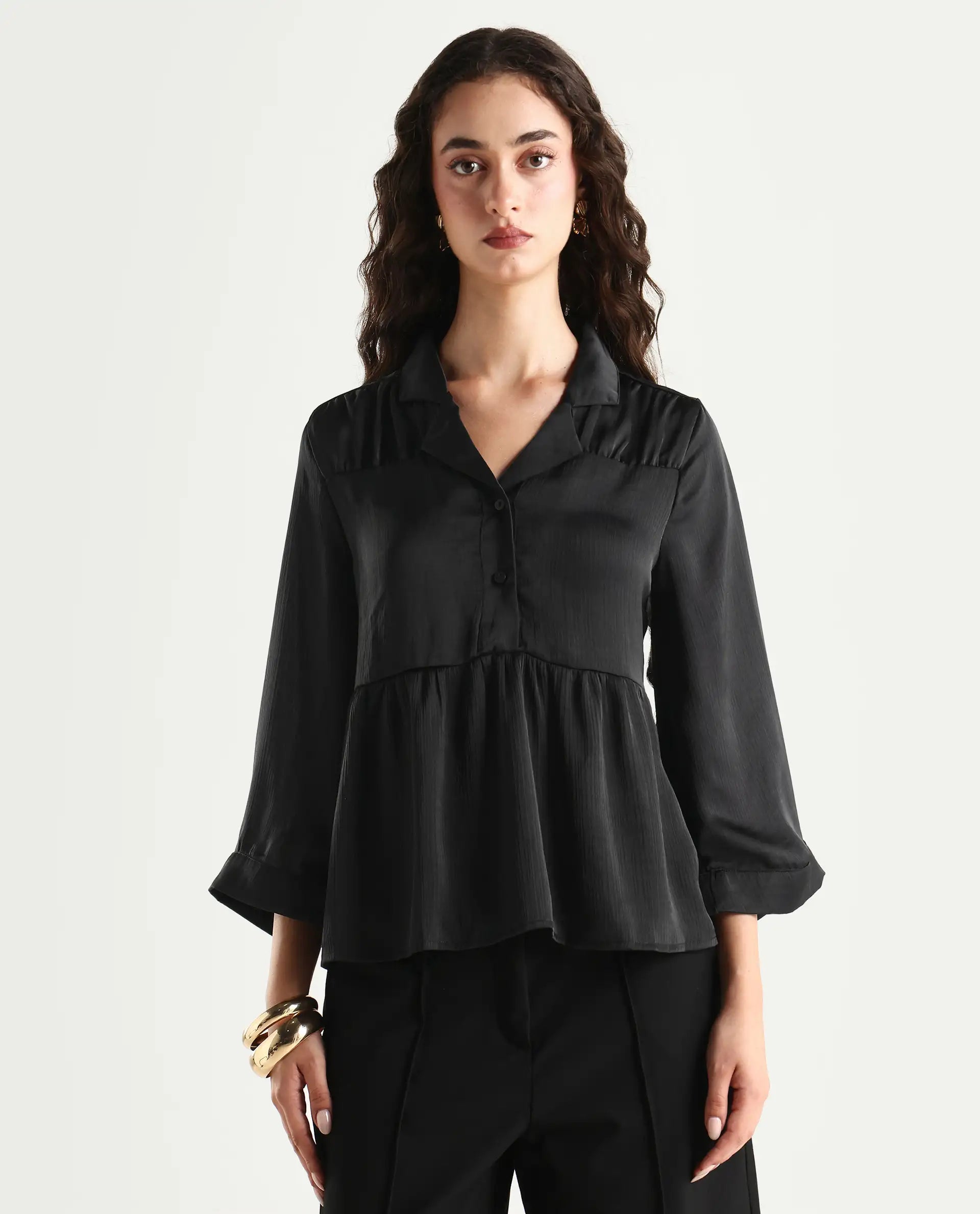 Rareism Women's Gaurerro Black Polyester Lapel Neck Plain Regular Fit Top