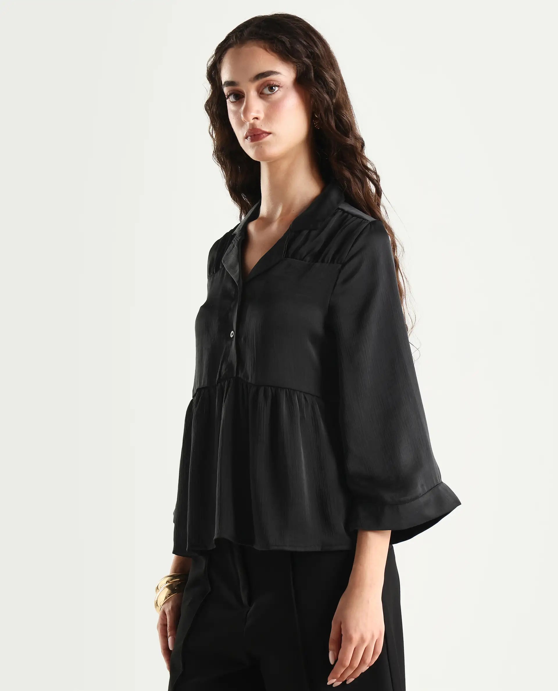 Rareism Women's Gaurerro Black Polyester Lapel Neck Plain Regular Fit Top