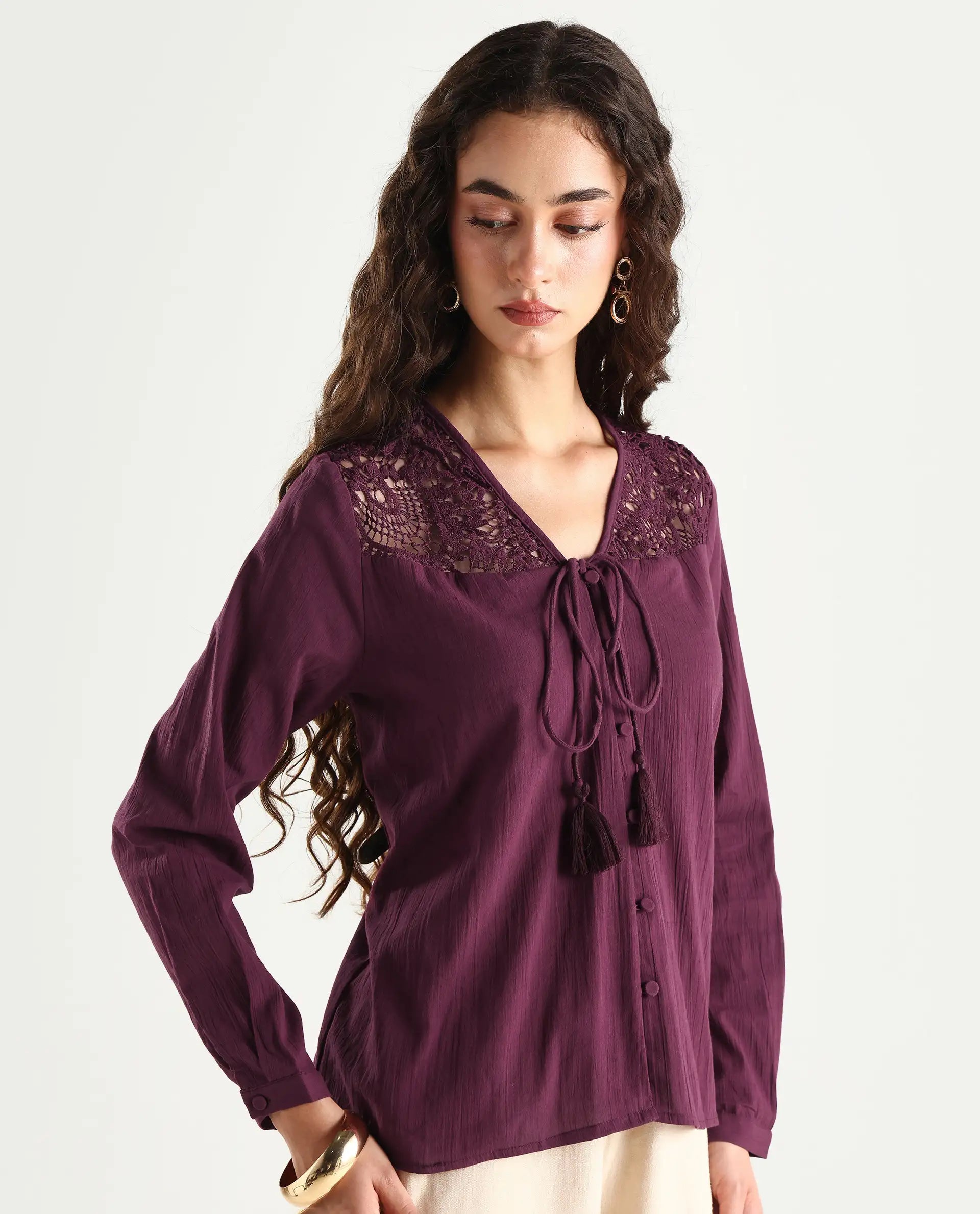 Rareism Women's Sonoki Dark Maroon Cotton V-Neck Plain Relaxed Fit Top