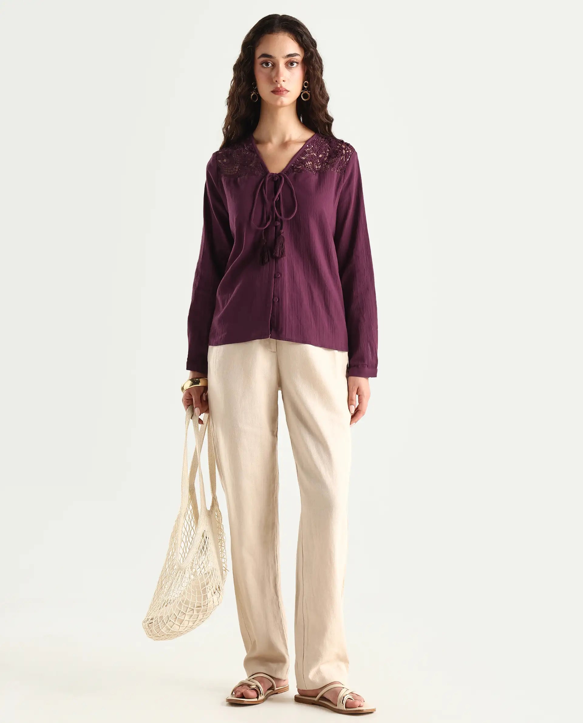 Rareism Women's Sonoki Dark Maroon Cotton V-Neck Plain Relaxed Fit Top